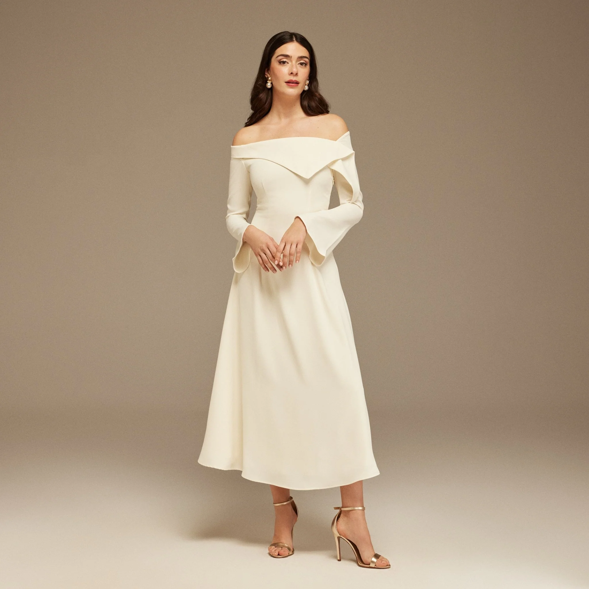 Crepe Ivory Asymmetric folded neckline A-line Midi Dress