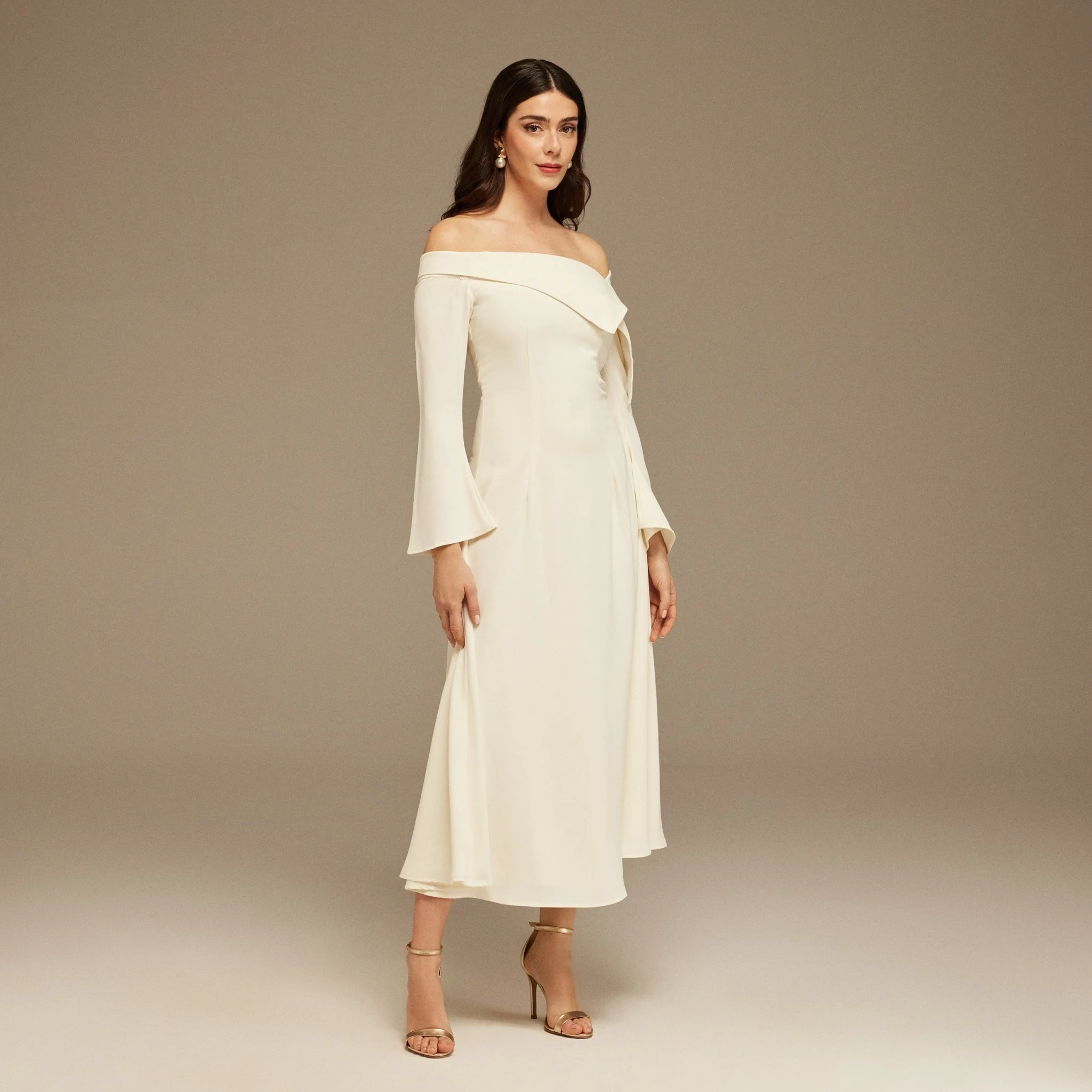 Crepe Ivory Asymmetric folded neckline A-line Midi Dress - Image 2