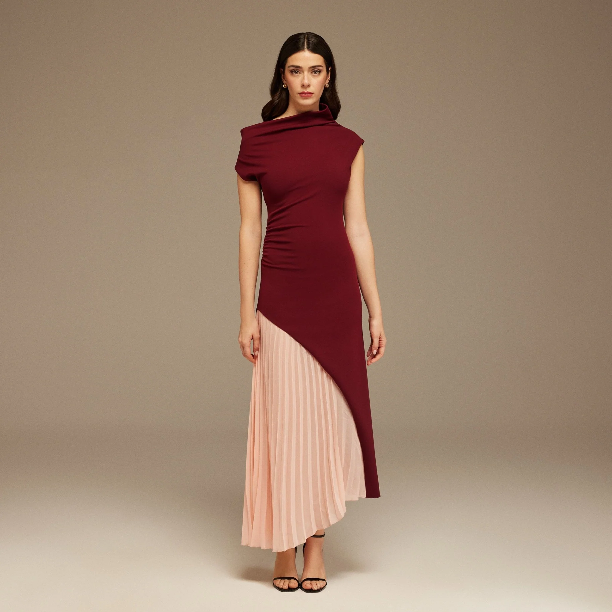 Burgundy & Pink Asymmetric Neckline Midi Dress with Pleats