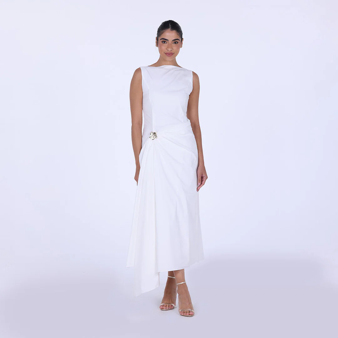 Asymmetric Twisted Cotton Midi Dress