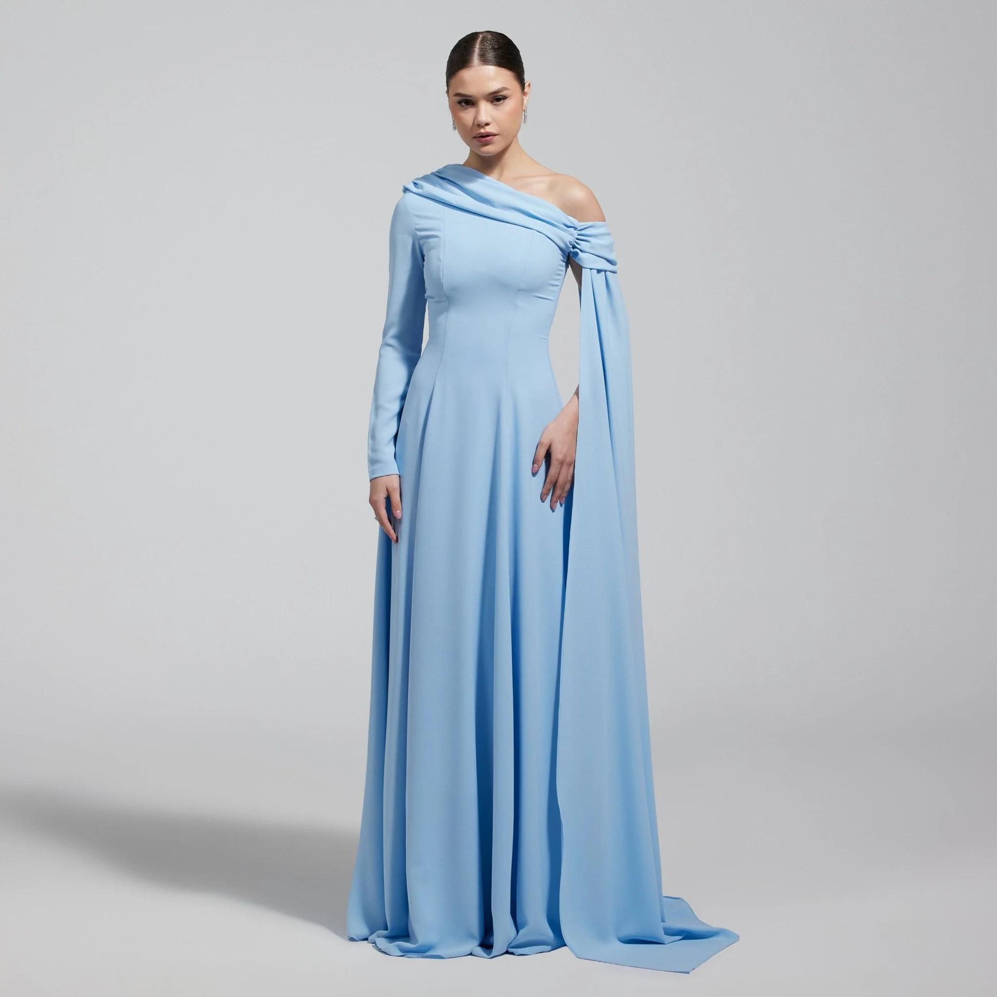 Baby Blue One Shoulder Crepe Maxi Dress with Drape Sleeve