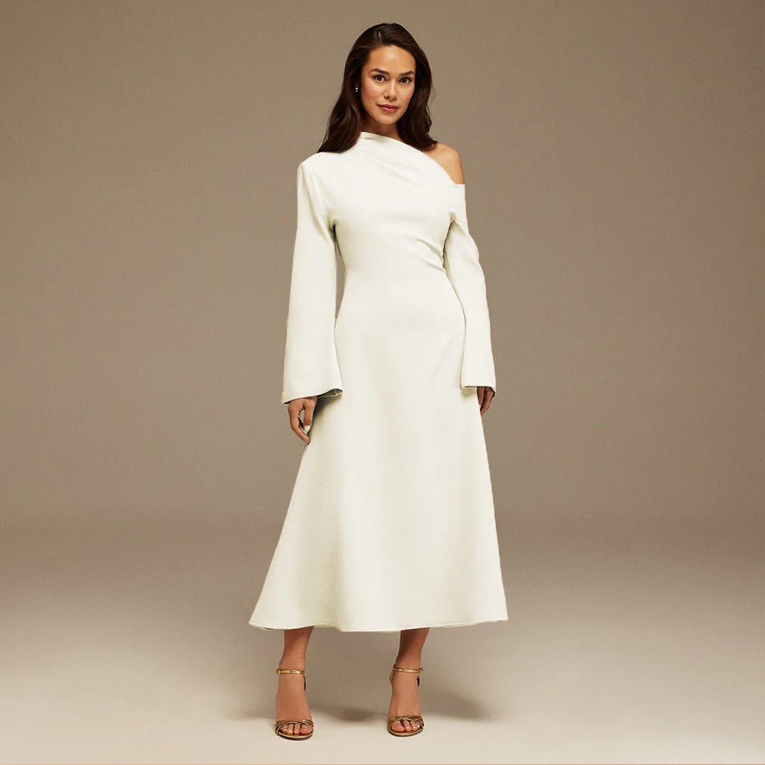 White Bare shoulder Crepe Midi dress