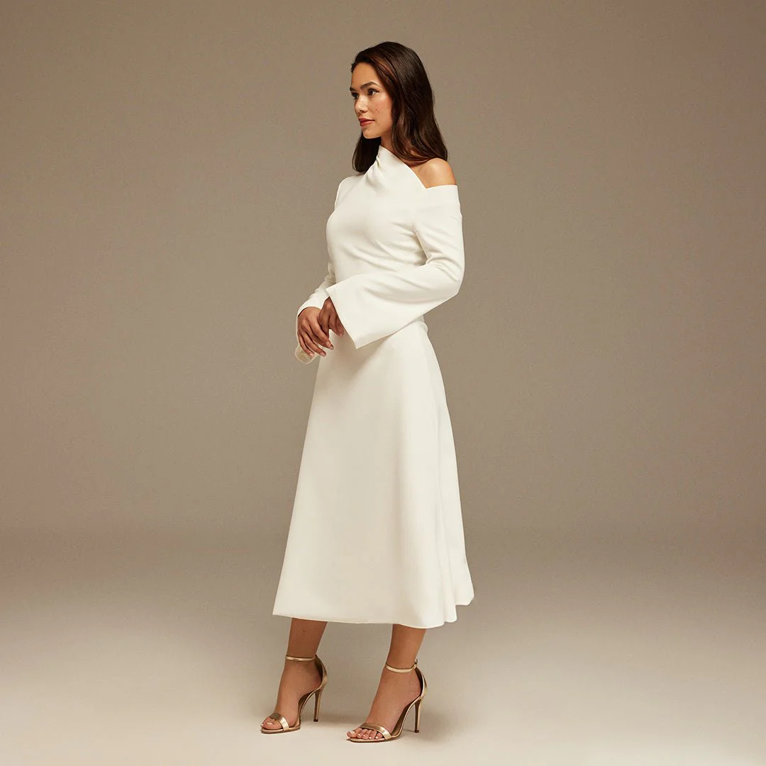 White Bare shoulder Crepe Midi dress - Image 2