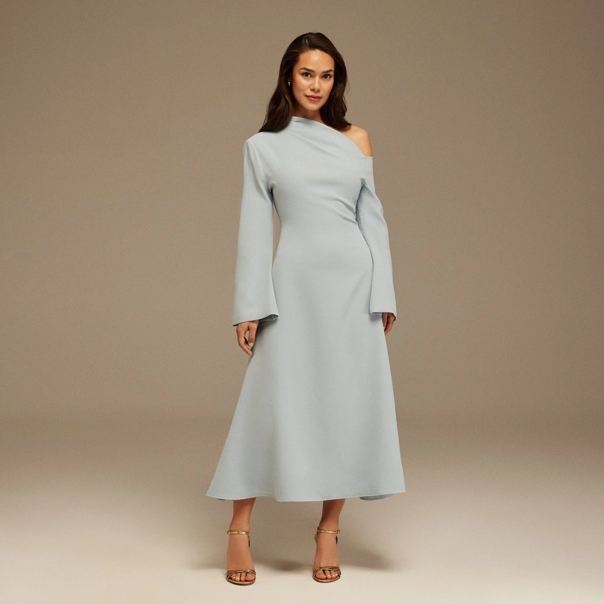 Light Blue Bare shoulder Crepe Midi dress