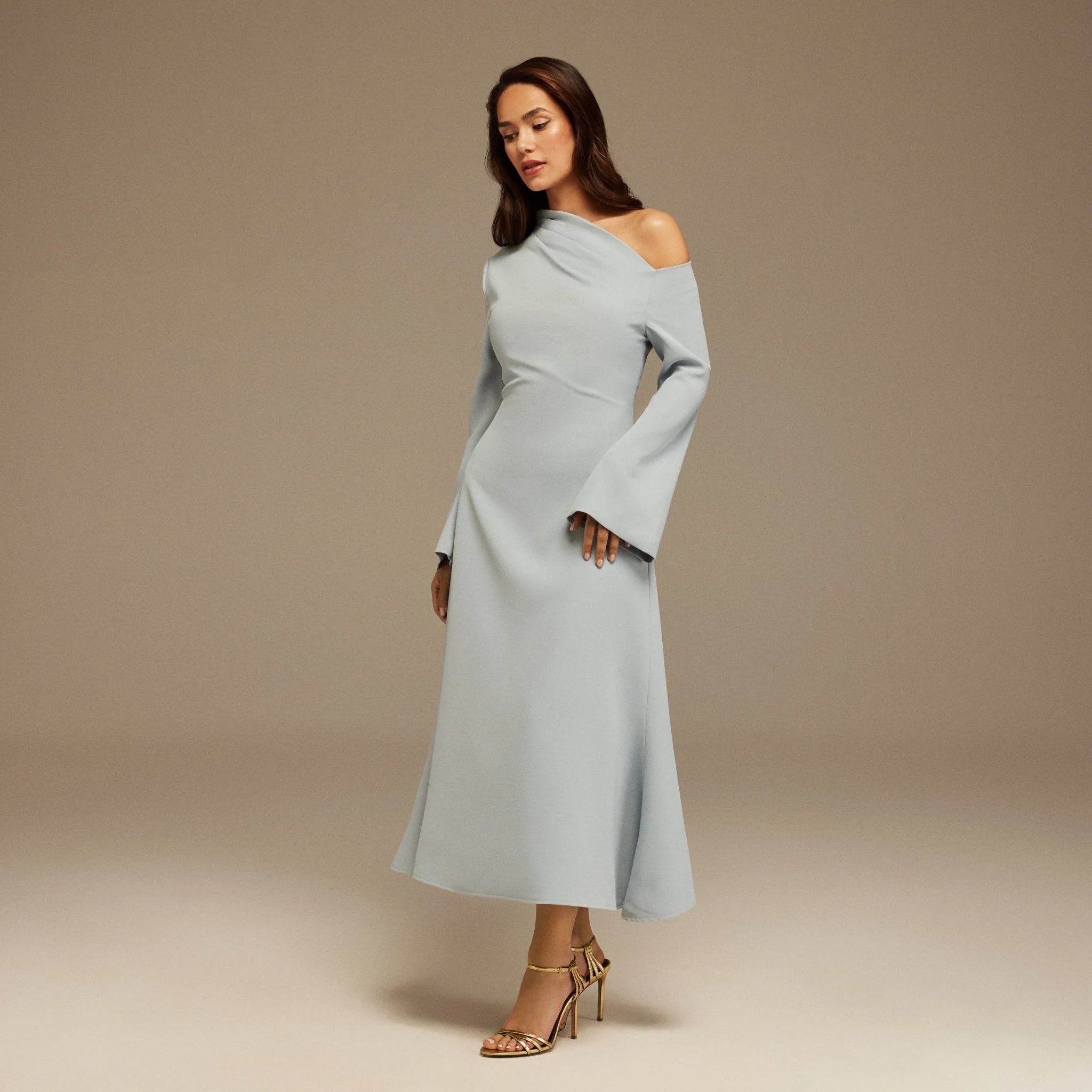 Light Blue Bare shoulder Crepe Midi dress - Image 2