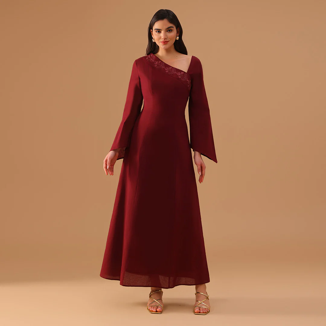 Burgundy Ramie Bare Shoulder Embroidered Dress