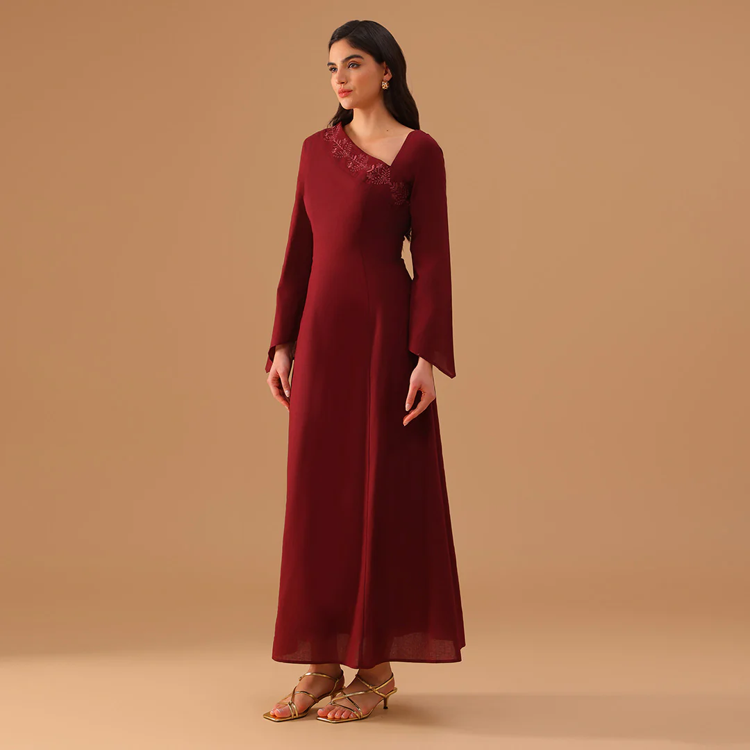 Burgundy Ramie Bare Shoulder Embroidered Dress - Image 2