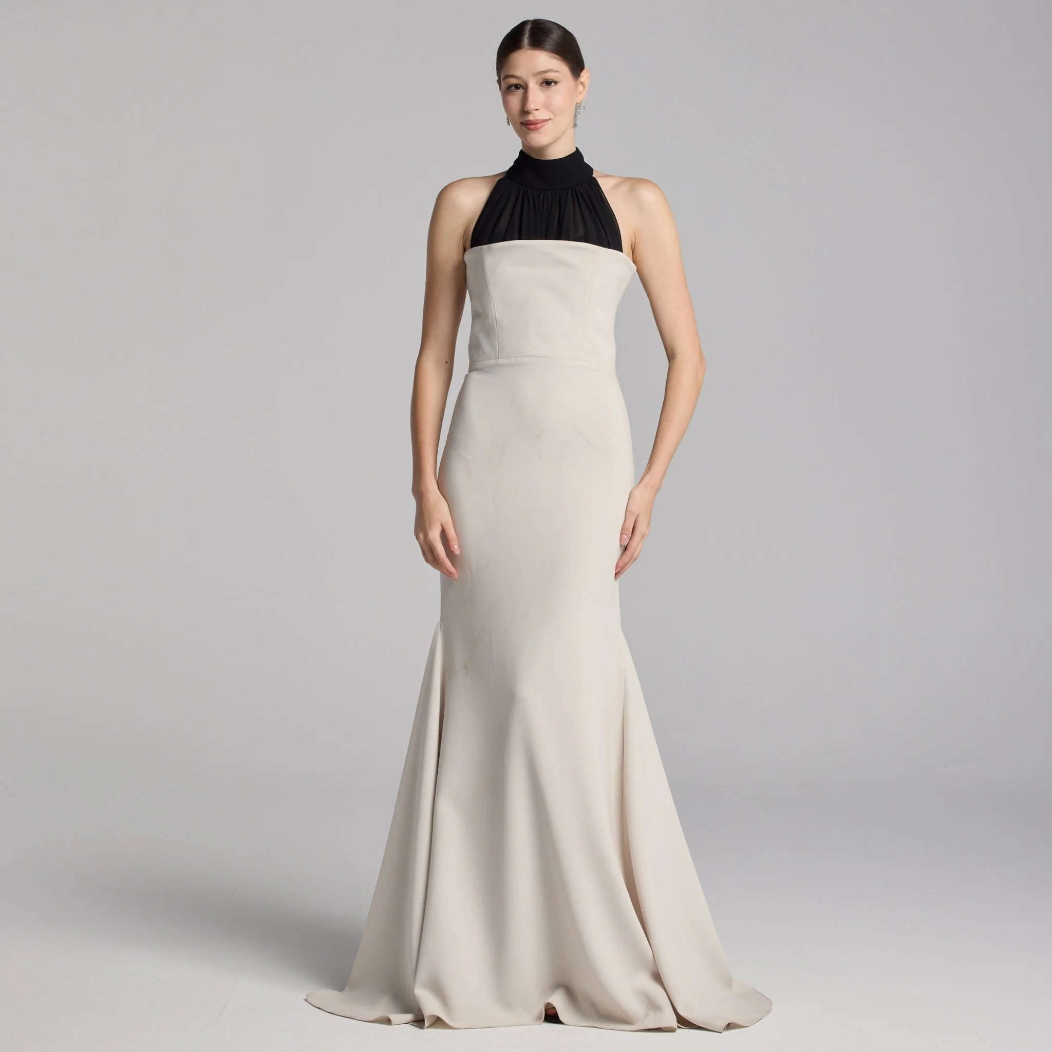 Beige Crepe Gown with Black Chiffon Scarf