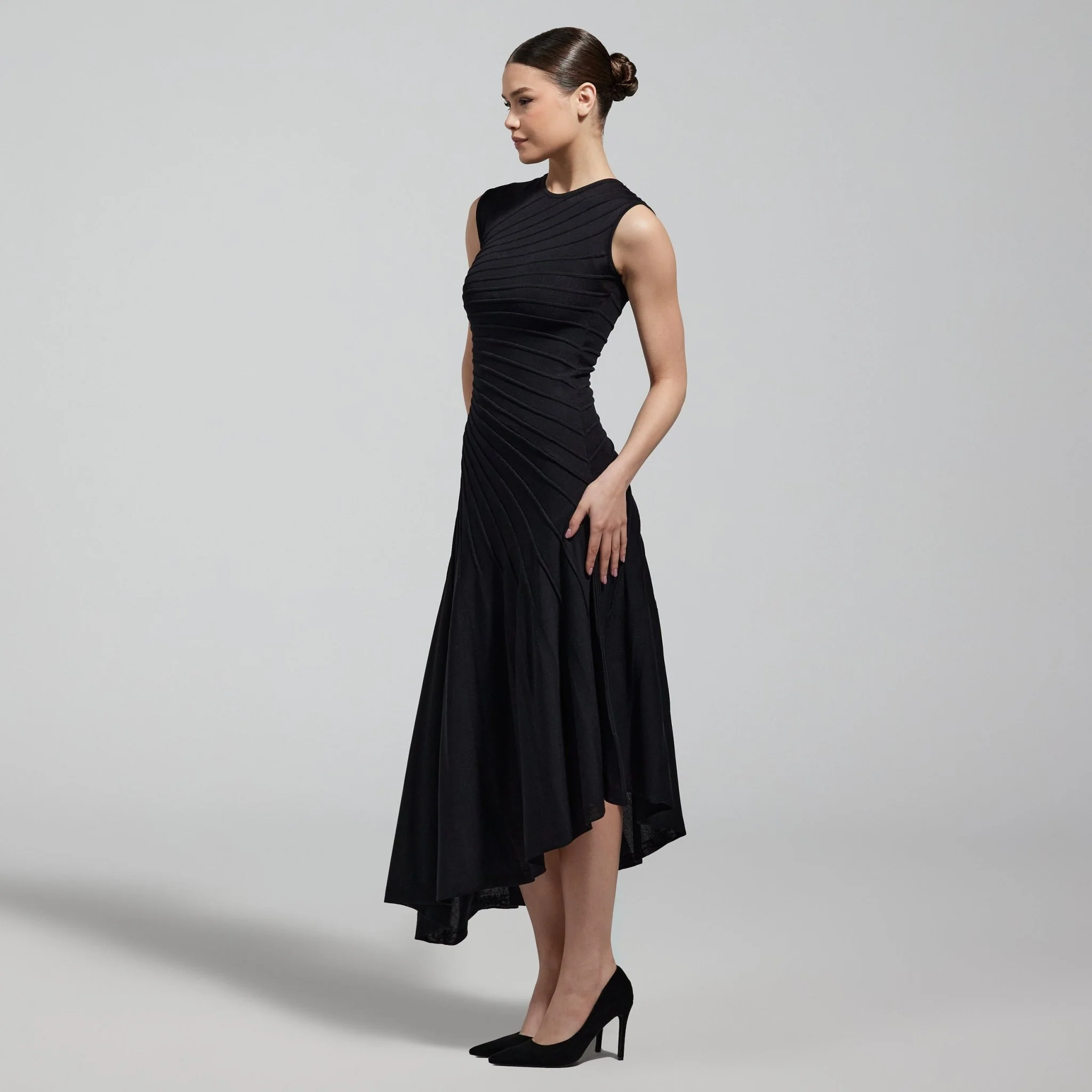 Black Asymmetric Knit Midi Dress - Image 3