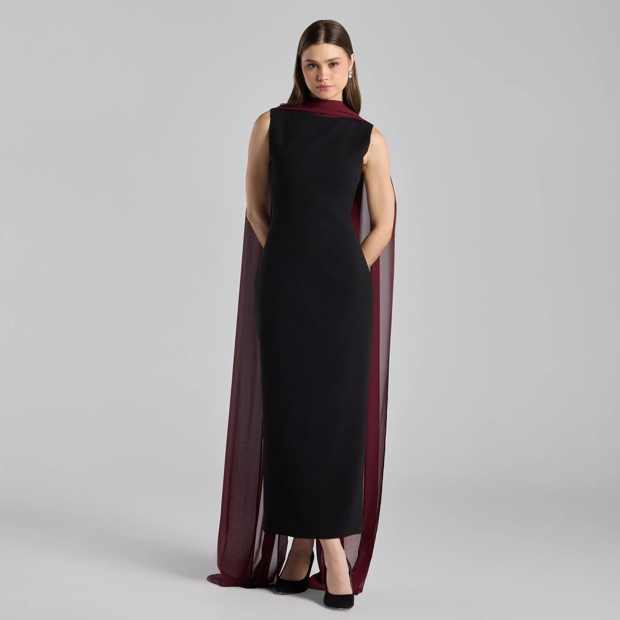 Black Crepe Dress with Draped Chiffon Scarf