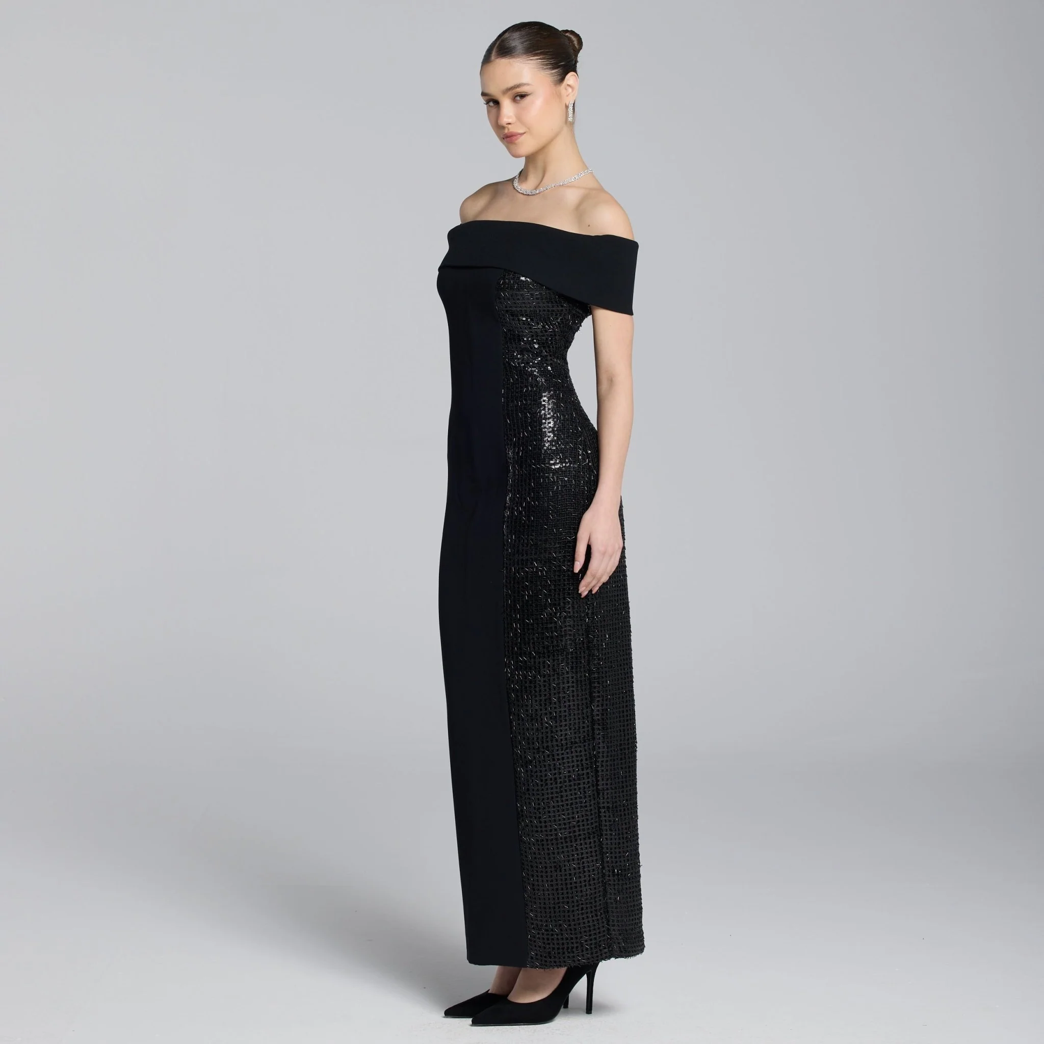 Black Crepe Off Shoulder Slit Maxi Dress - Image 2