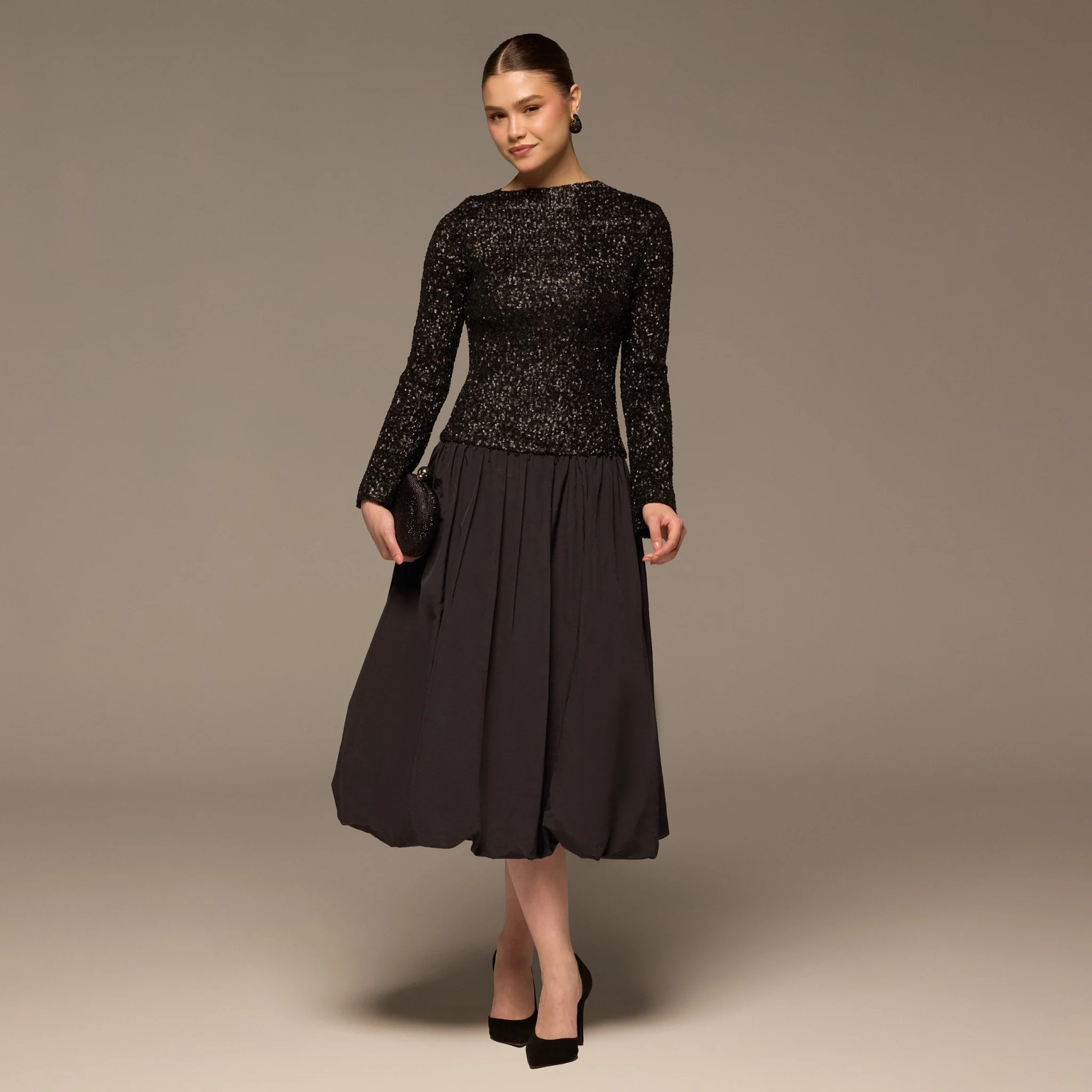 Black Sequin & Cotton Poplin Midi Dress