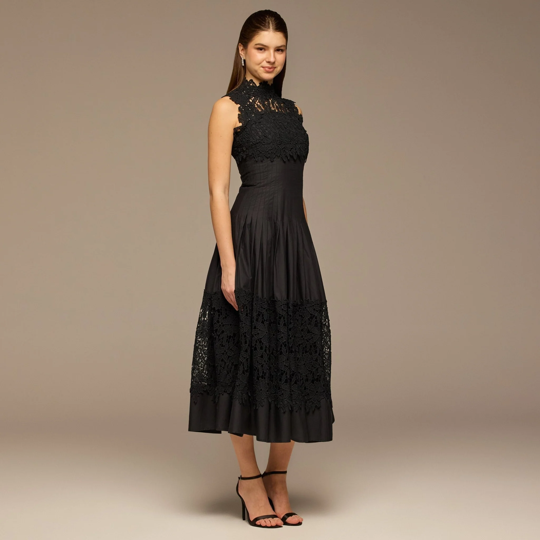 Black Lace-Paneled Cotton Midi Dress - Image 2