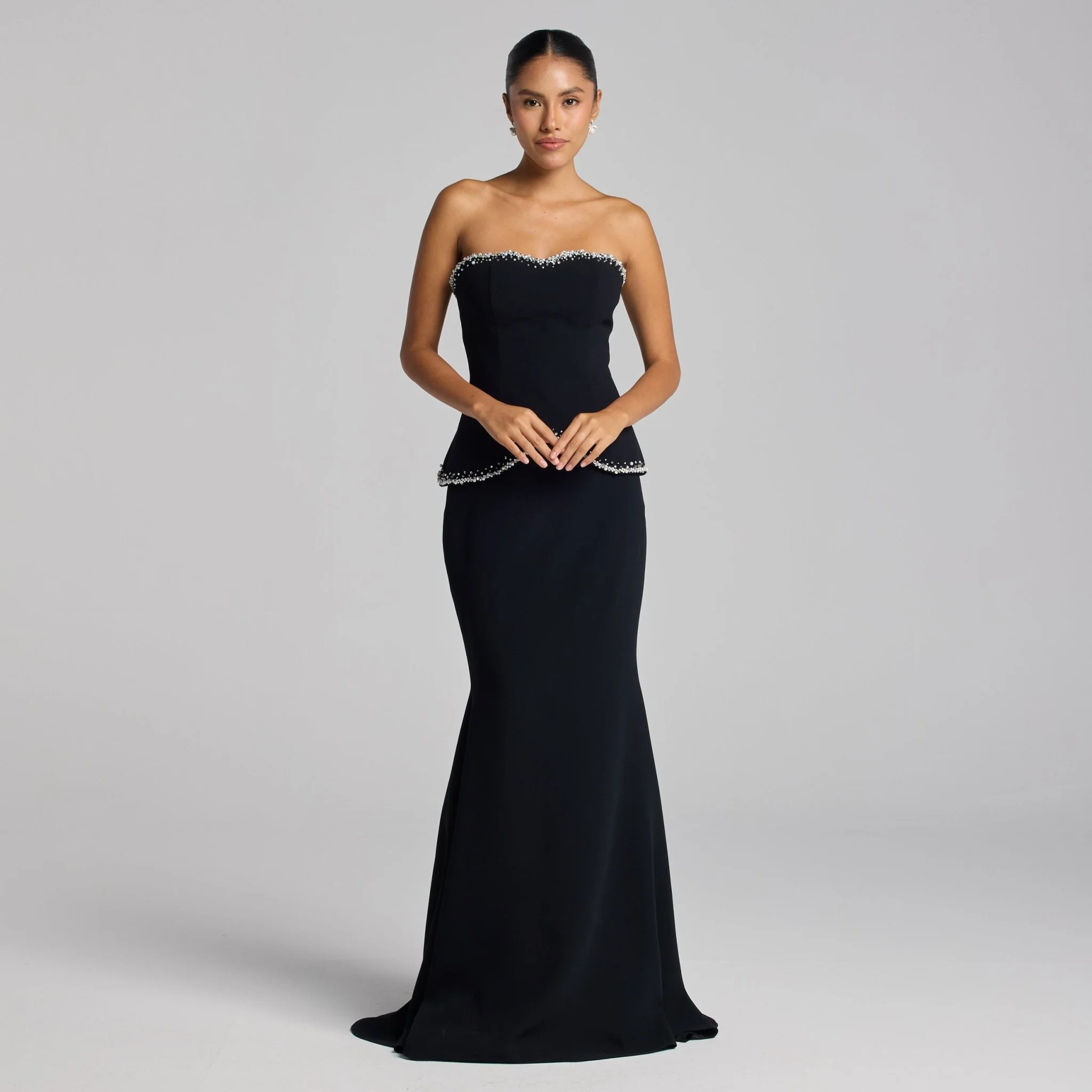 Black Strapless Crepe Gown with Pearl Trim