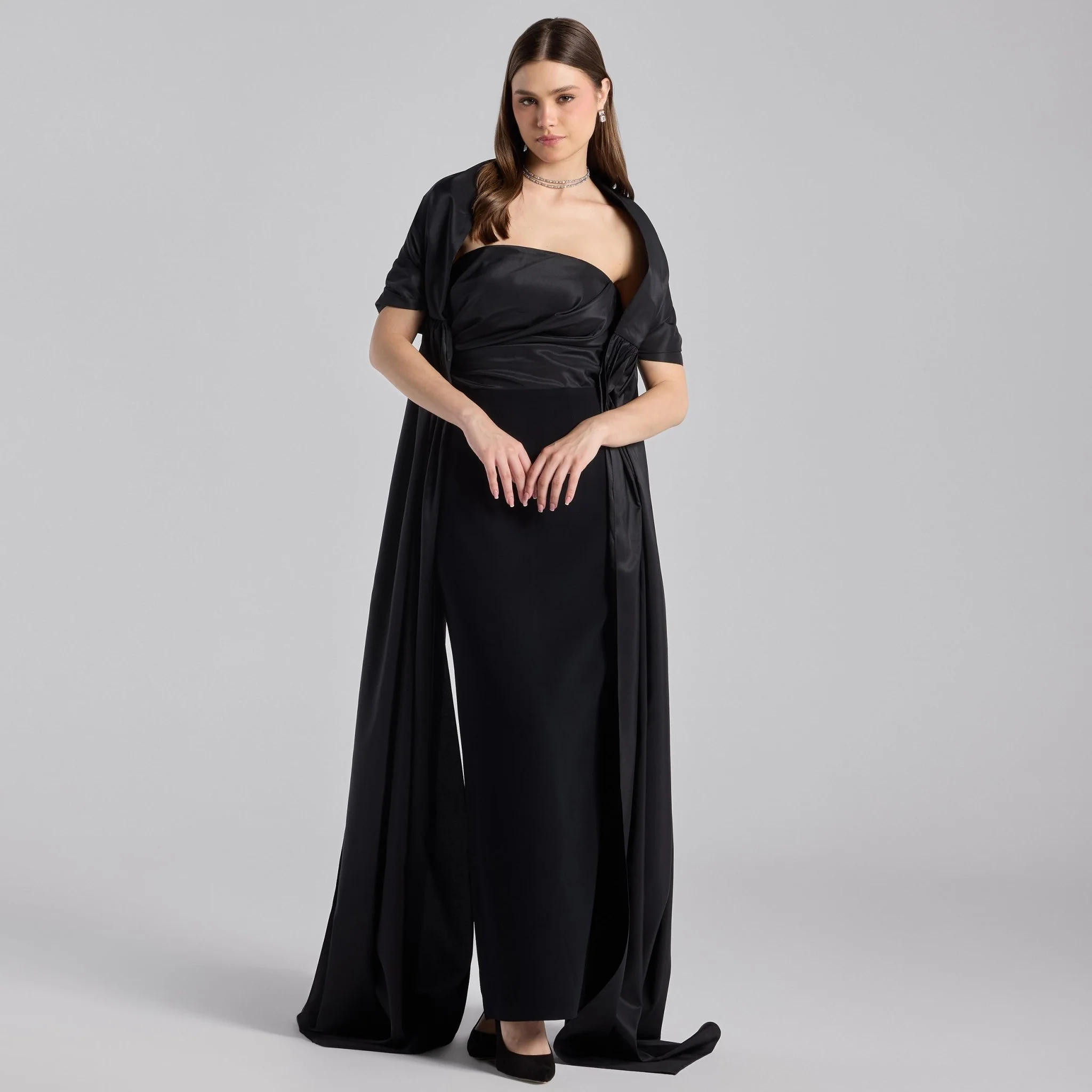 Black Strapless Maxi Dress with Puff Cape Sleeves
