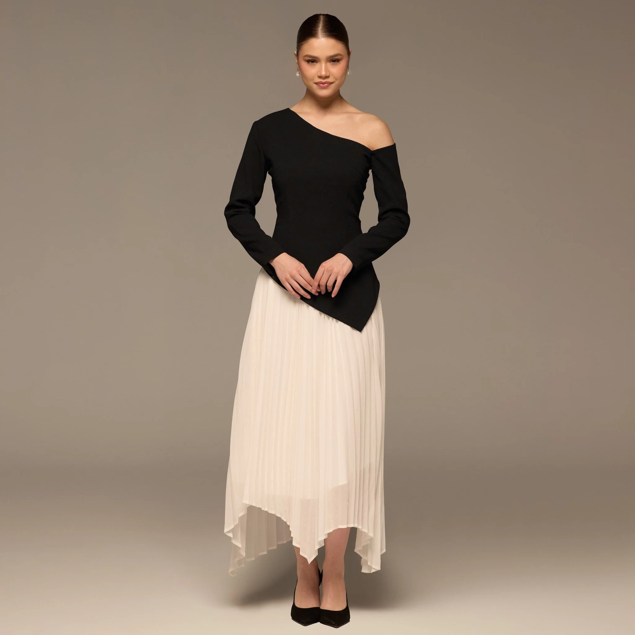 Black & White One-shoulder Crepe Dress With Pleated Skirt