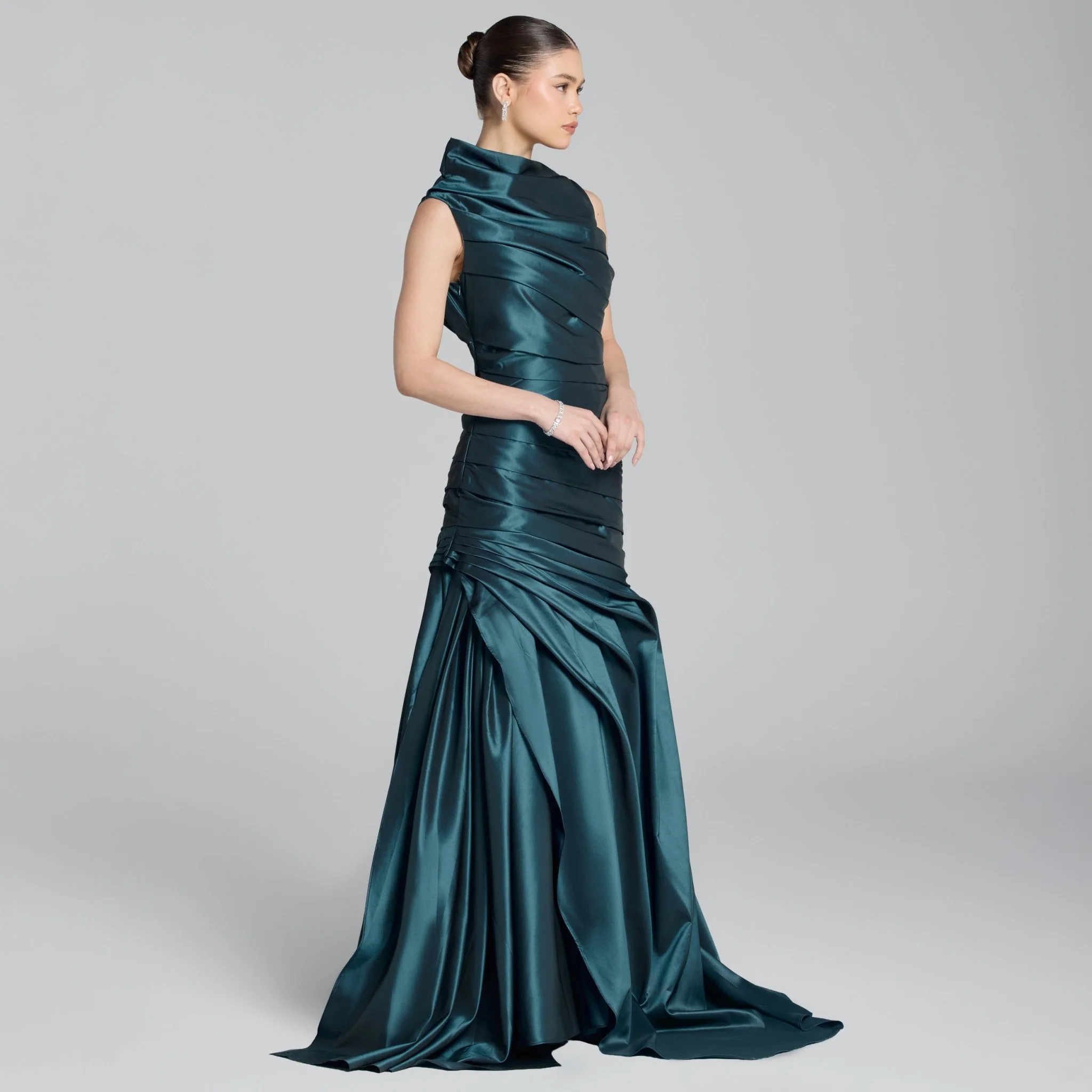 Blue Draped Taffeta Fishtail Gown - Image 3