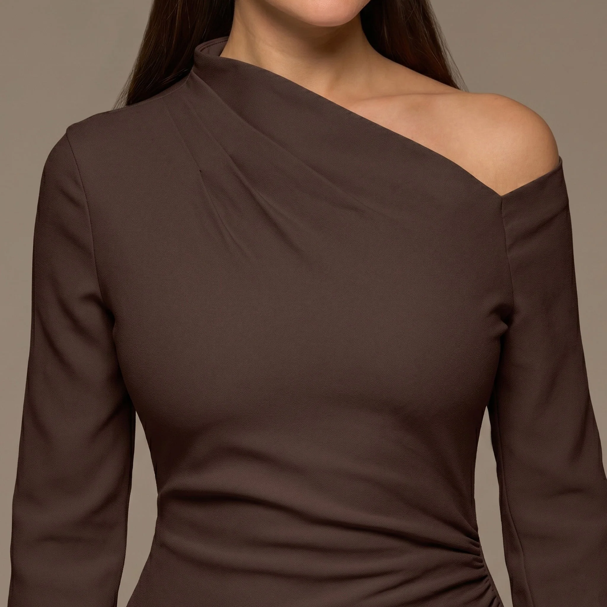 Brown Bare shoulder Crepe Maxi Dress - Image 2