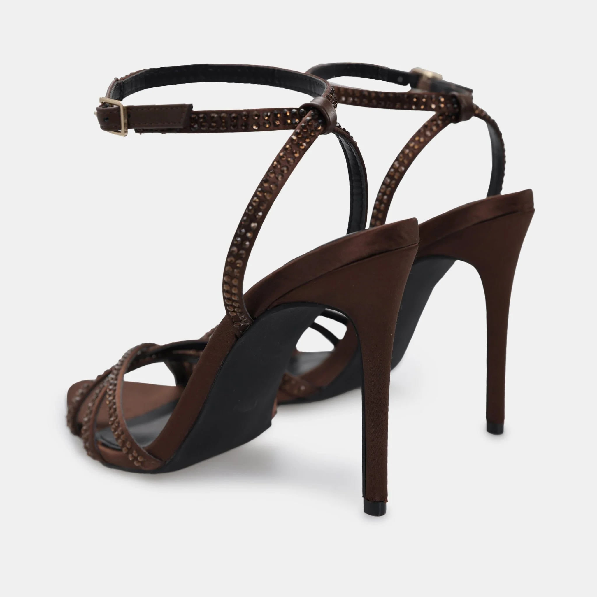 Brown Satin High Heel Sandals with Crystals - Image 3