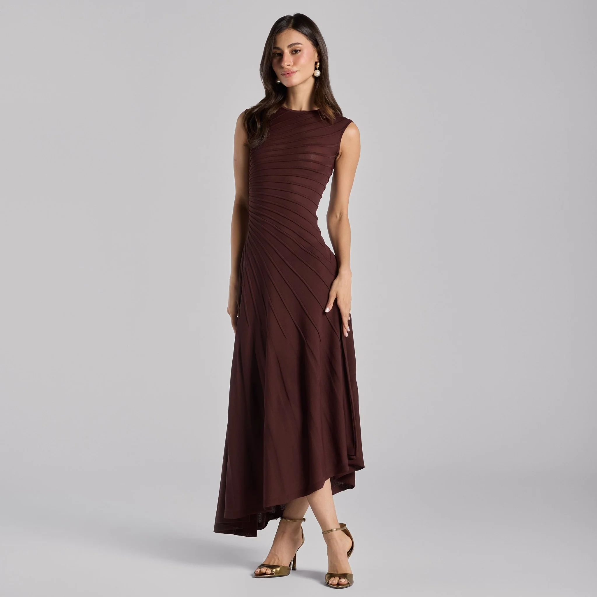 Brown Asymmetric Knit Midi Dress - Image 2