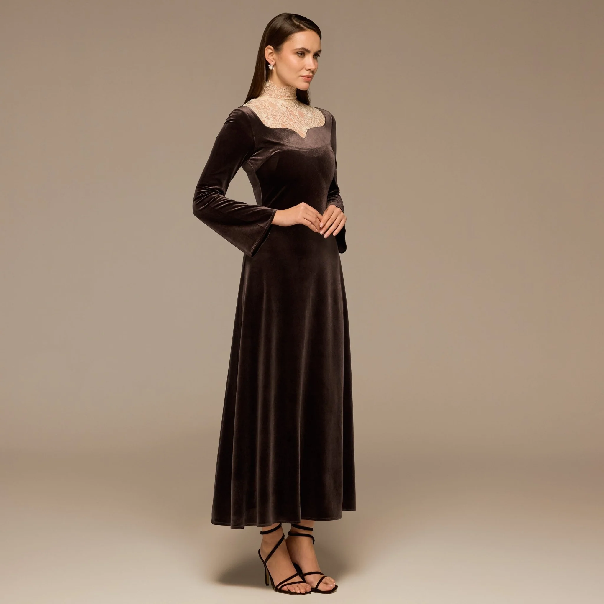 Brown Lace High-Neck Velvet Maxi Dress - Image 3