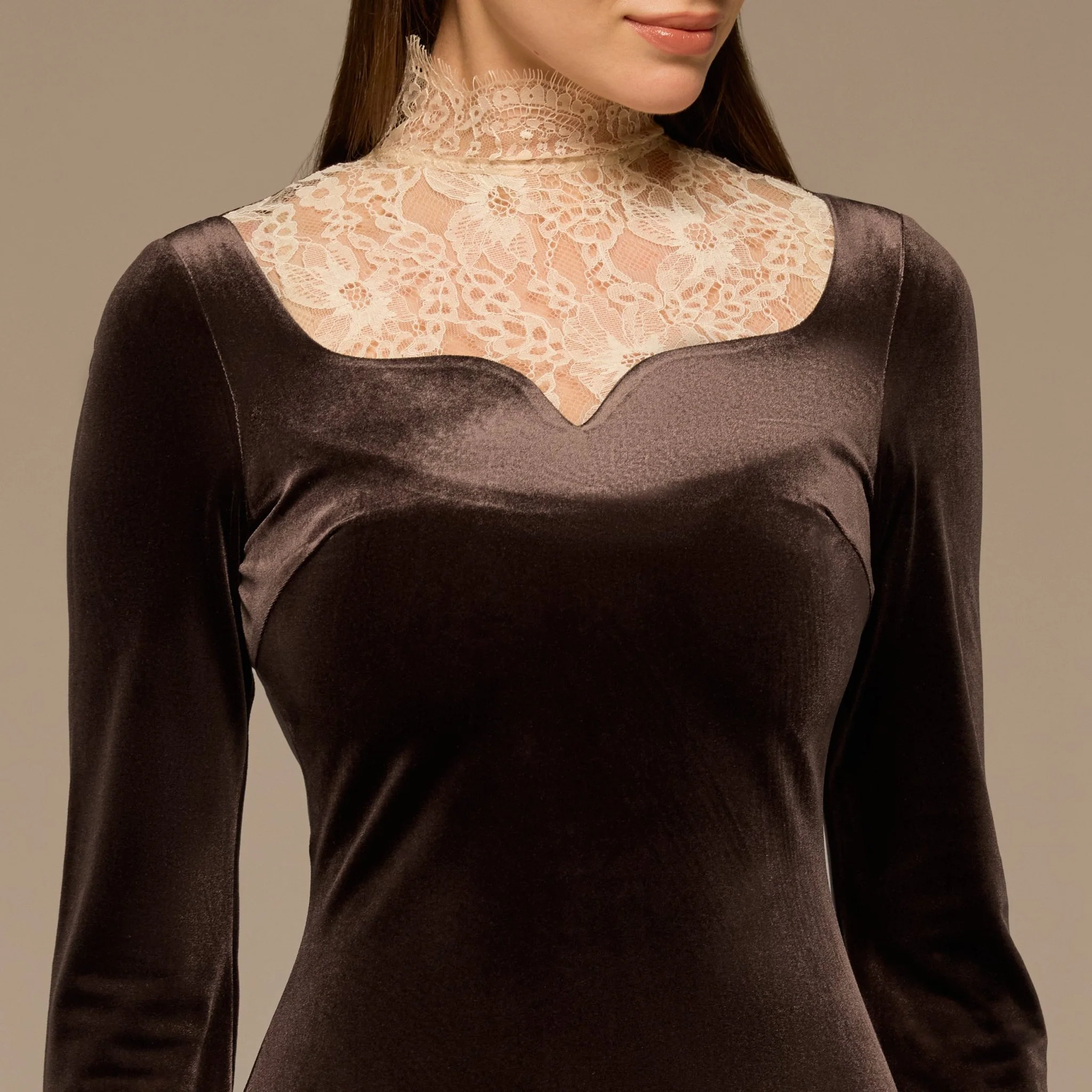 Brown Lace High-Neck Velvet Maxi Dress - Image 4
