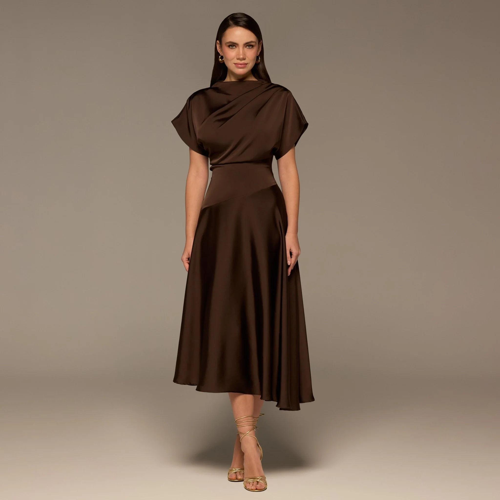 Brown Draped Satin Midi Dress