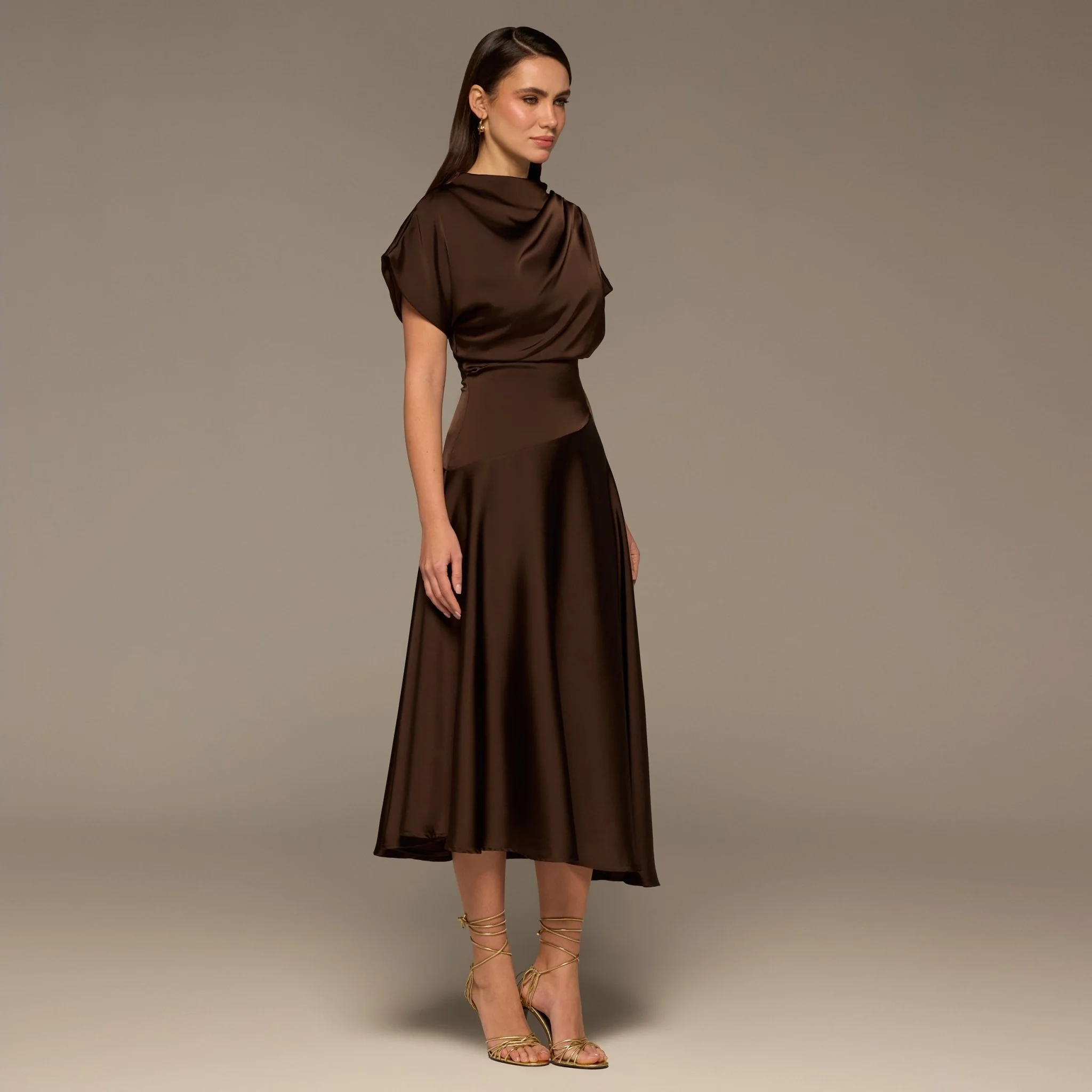 Brown Draped Satin Midi Dress - Image 3