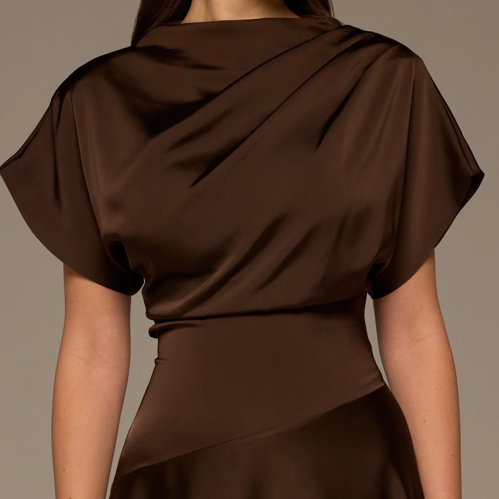 Brown Draped Satin Midi Dress - Image 4