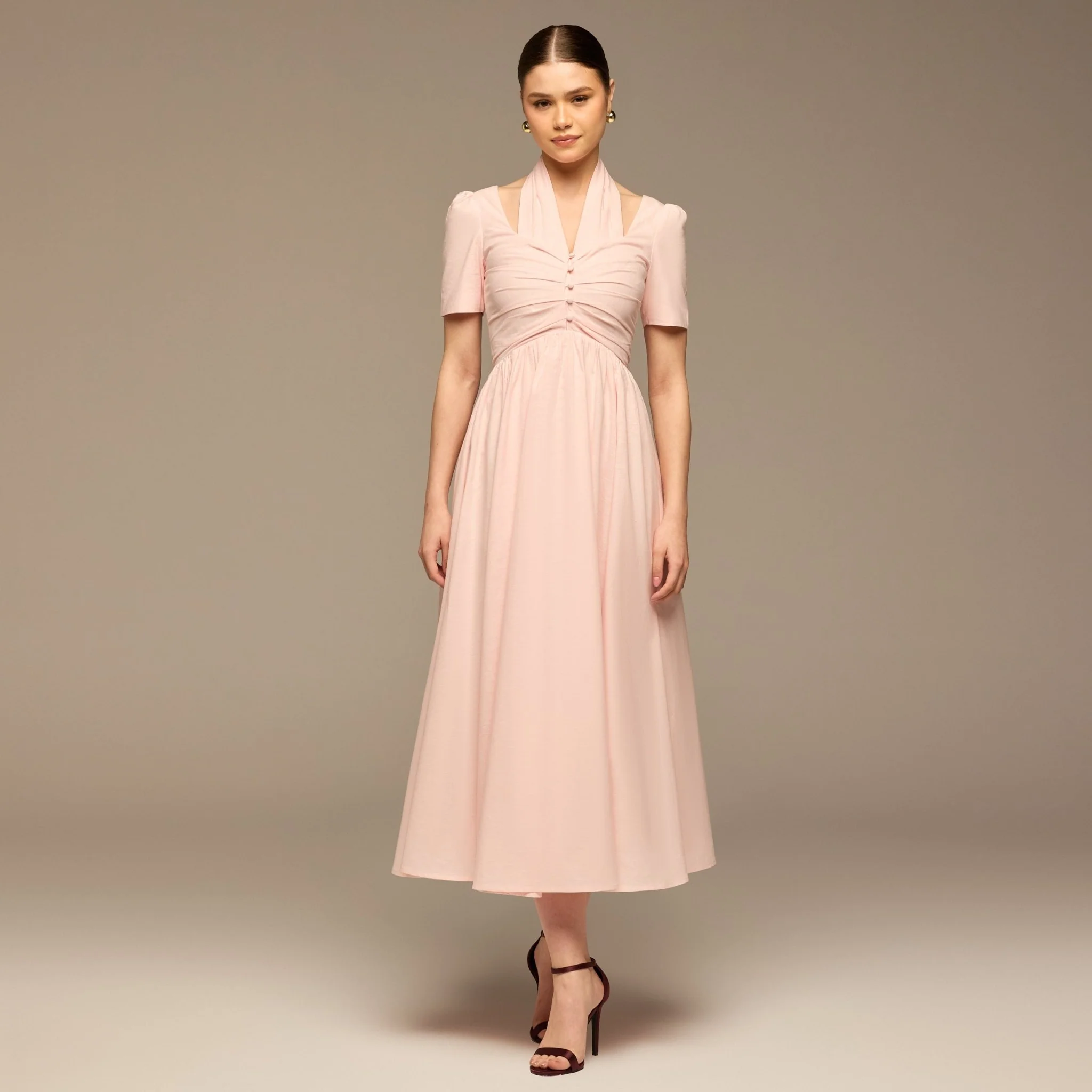 Pink linen V-Neck Button-Front Dress