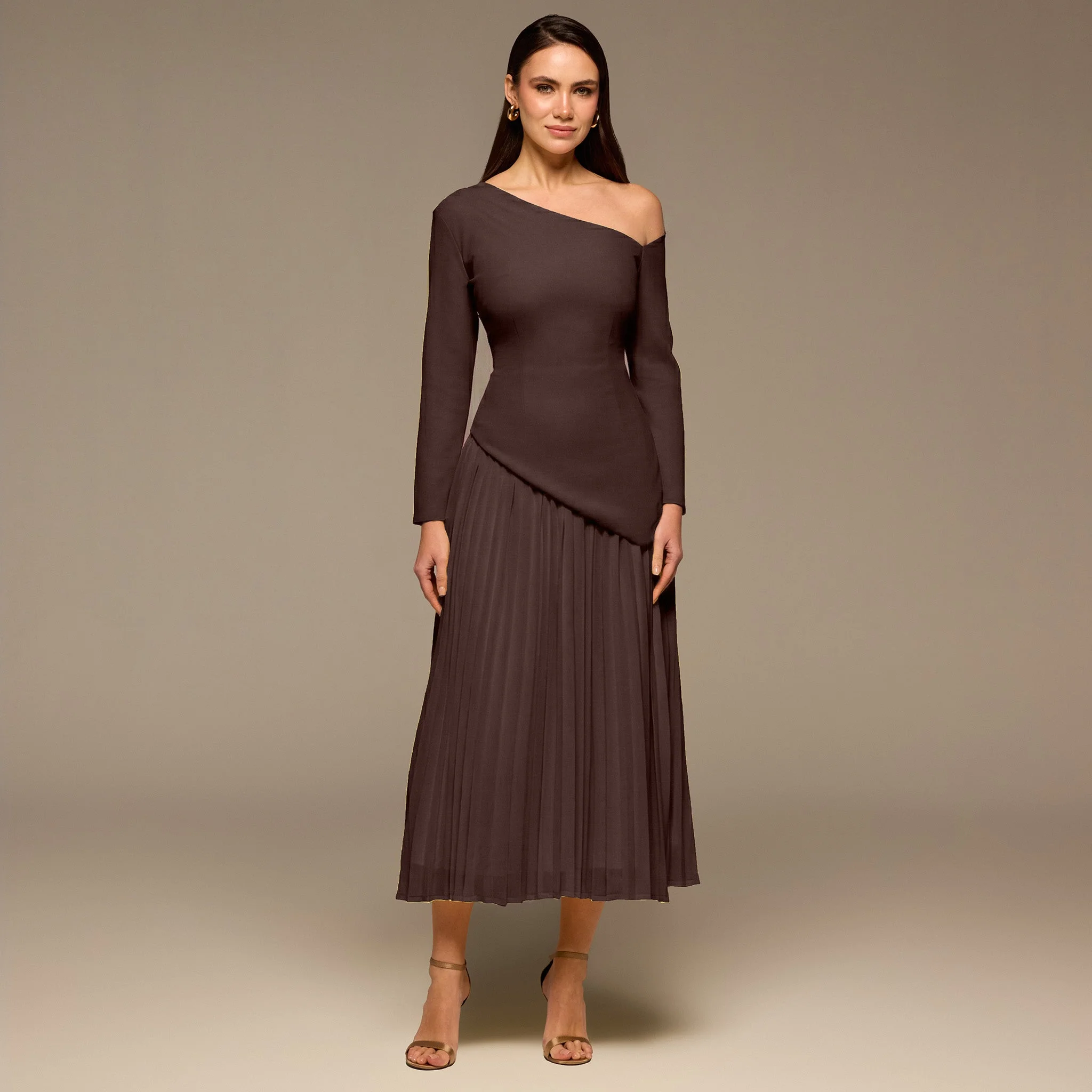 Brown One-shoulder Crepe Dress With Pleated Skirt