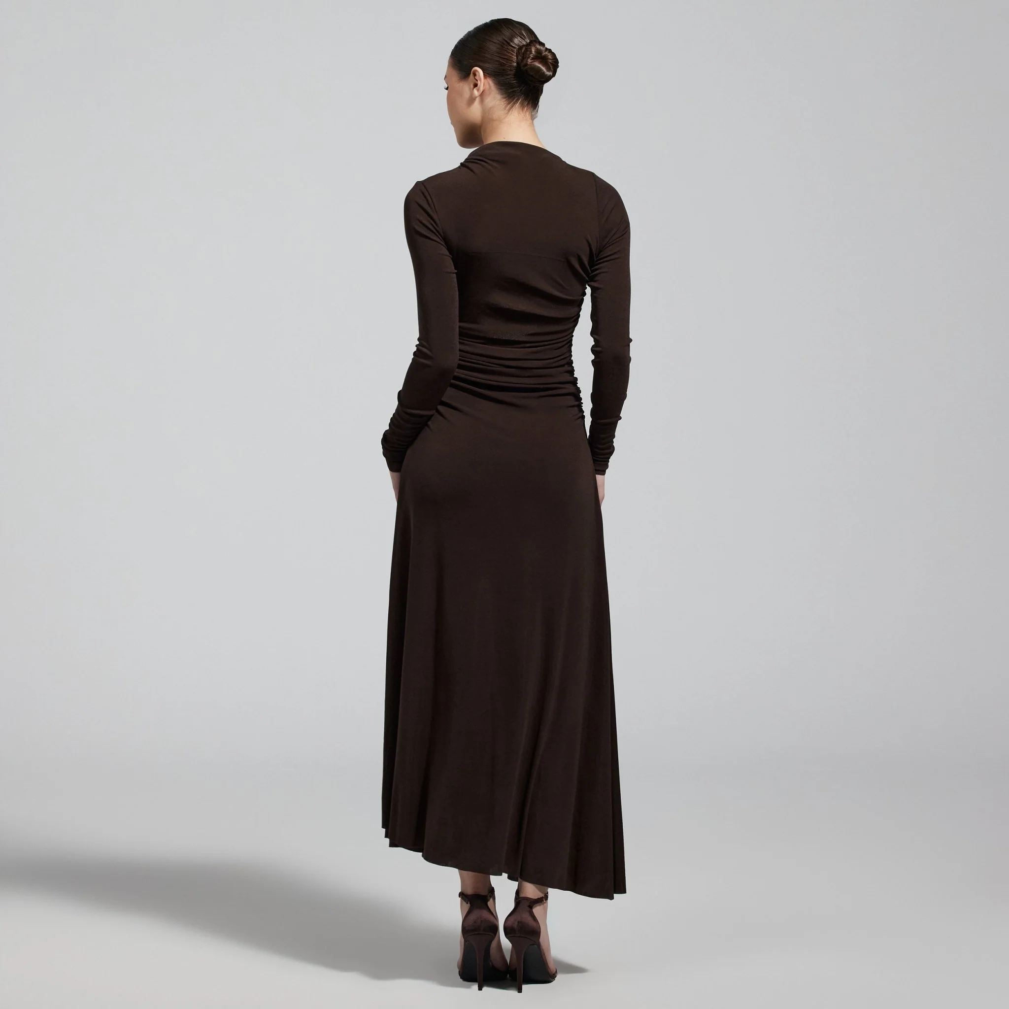 Brown Jersey Asymmetric Neck Midi Dress - Image 3