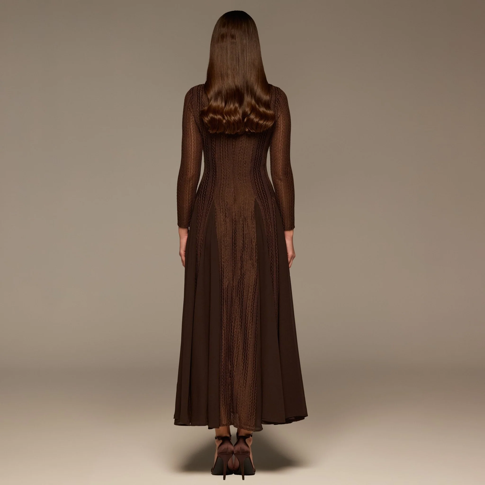 Brown Long Sleeves Godet Maxi Dress - Image 3