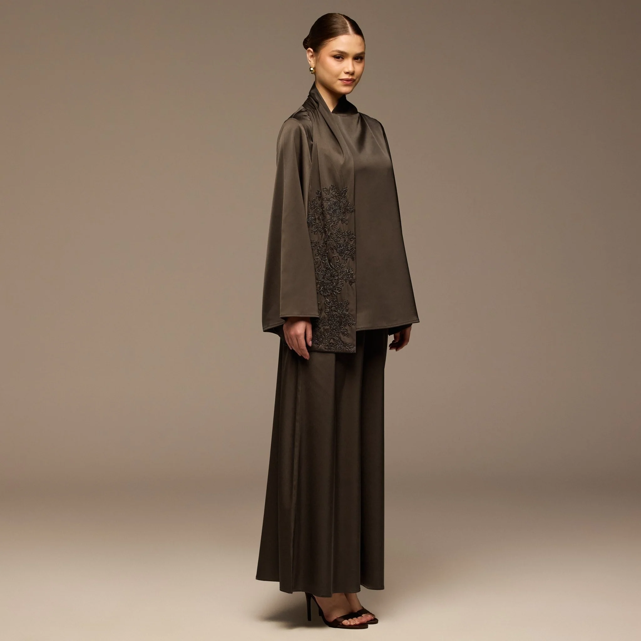 Brown Loose Fit Long Sleeve Satin Blouse - Image 4