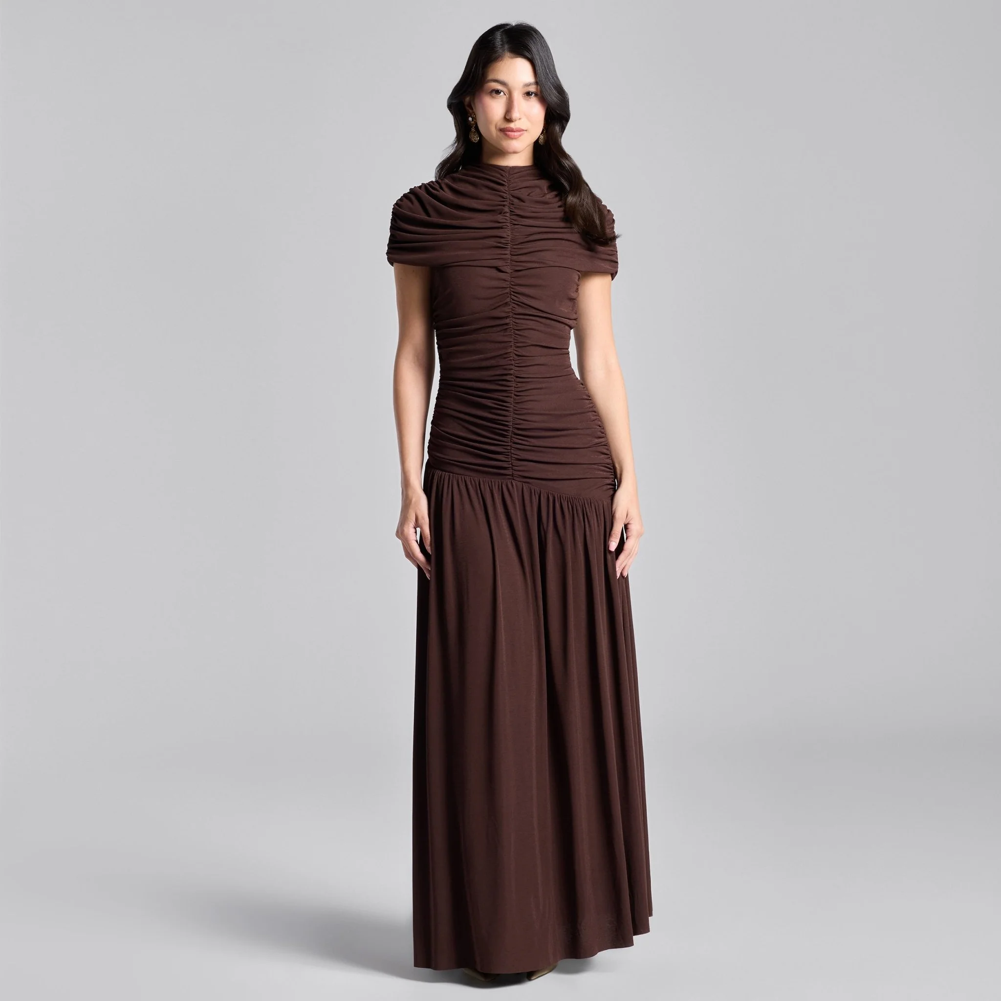 Brown Ruched Jersey Maxi Dress
