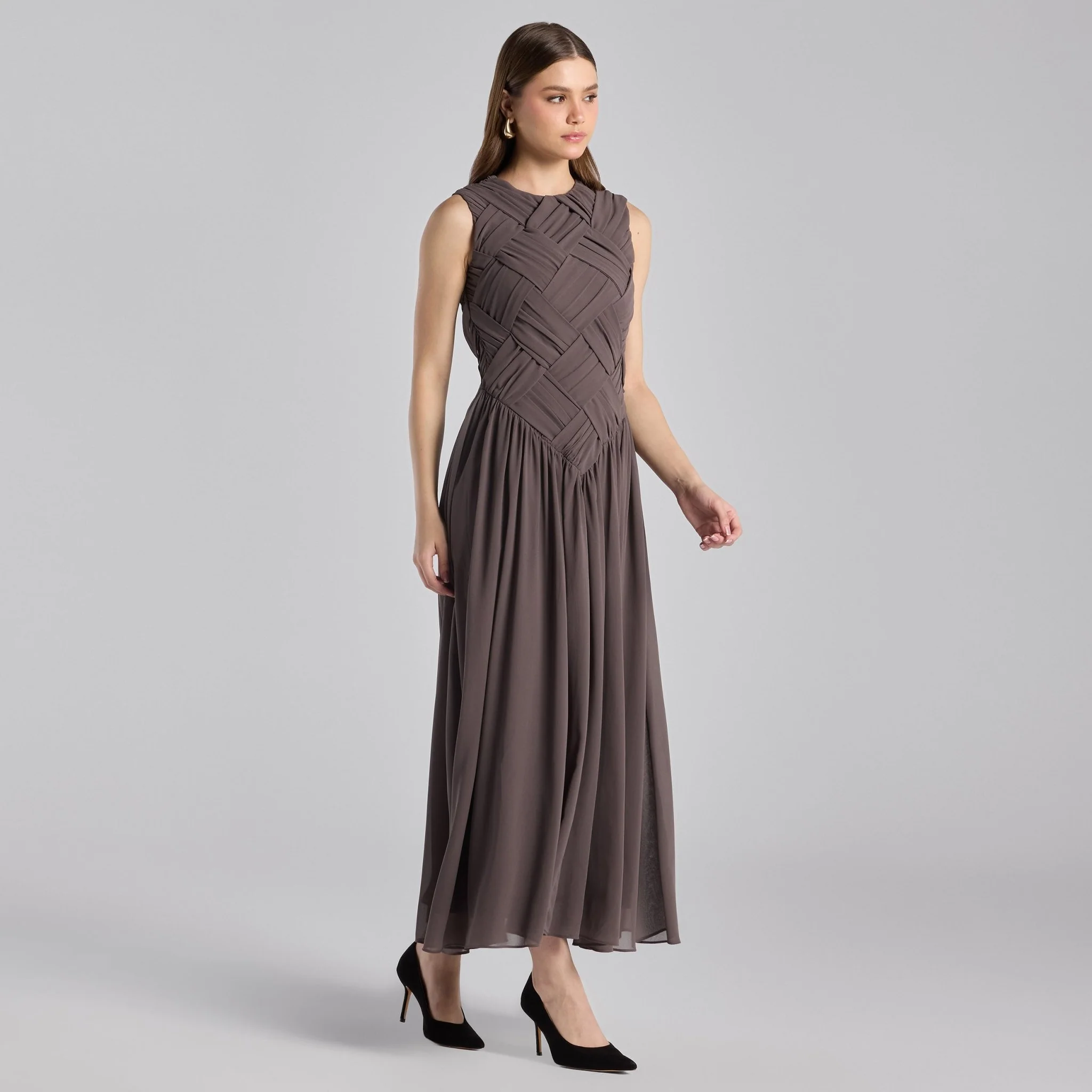 Gray Sleeveless Braided Chiffon Maxi Dress - Image 2