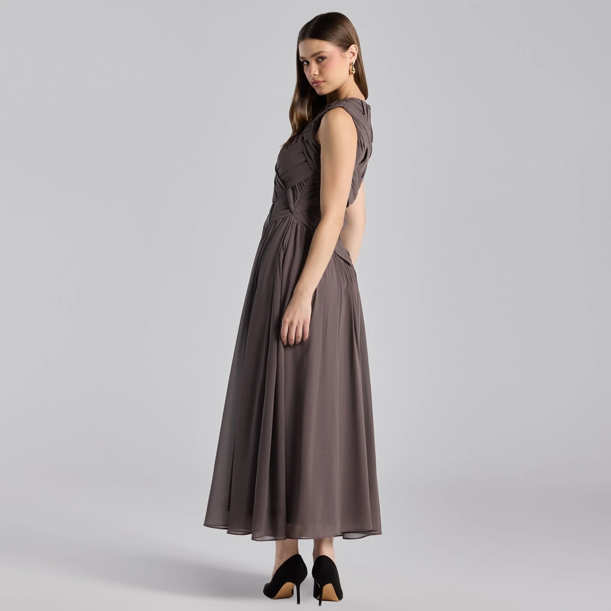 Gray Sleeveless Braided Chiffon Maxi Dress - Image 3