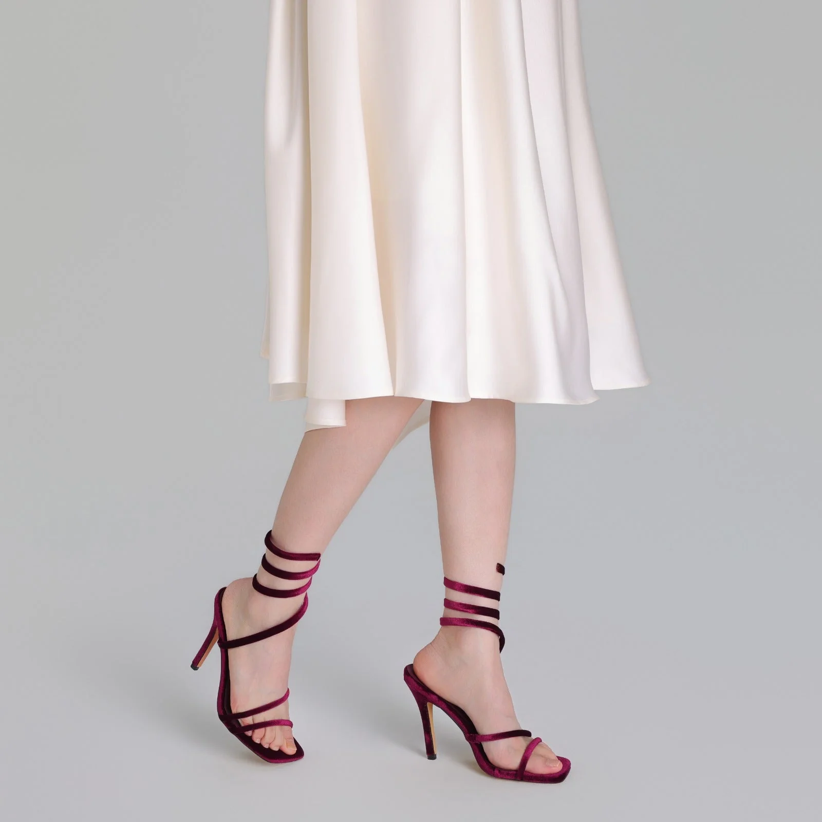 Burgundy Velvet Spiral Strap High Heel Sandals - Image 4