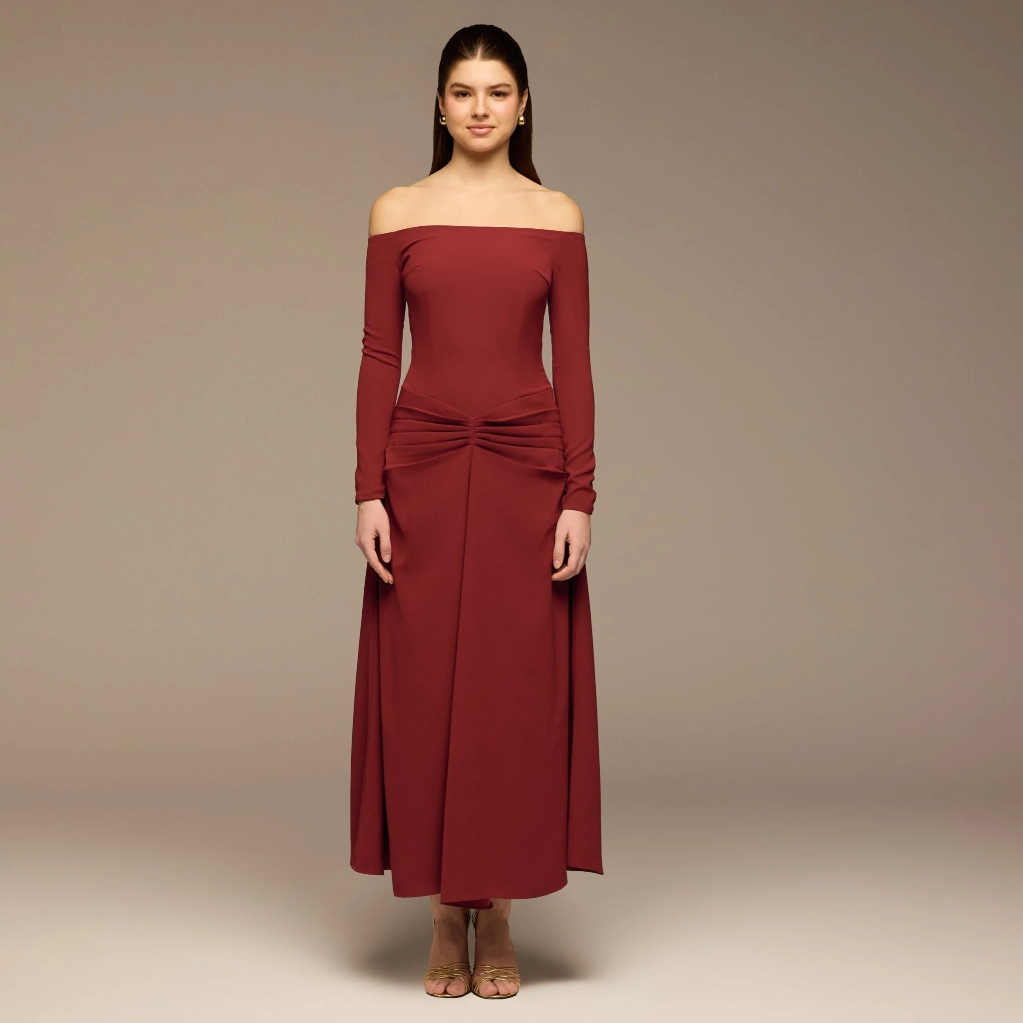 Burgundy Crepe Chiffon Draped Maxi