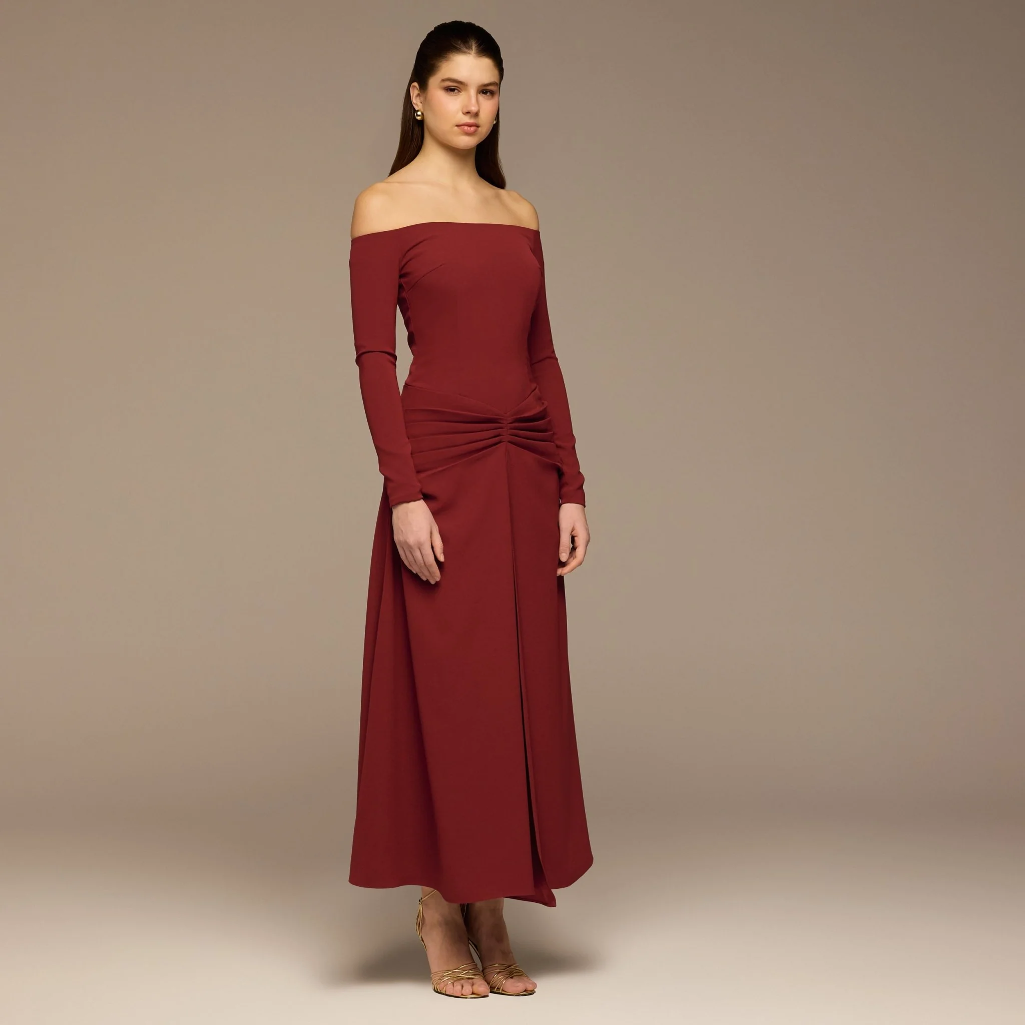 Burgundy Crepe Chiffon Draped Maxi - Image 2