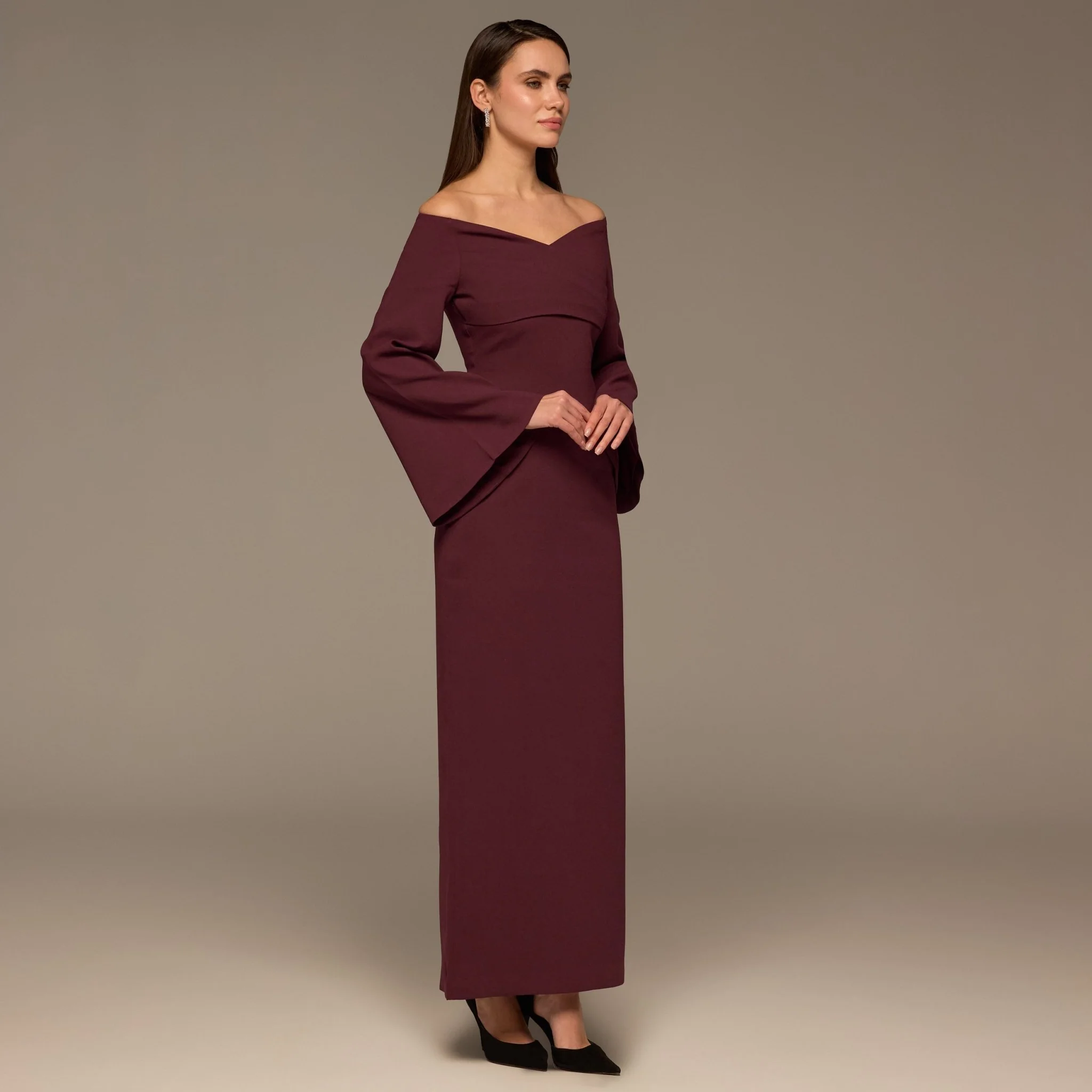 Burgundy Wide V Neck Crepe Maxi Dress - Image 2