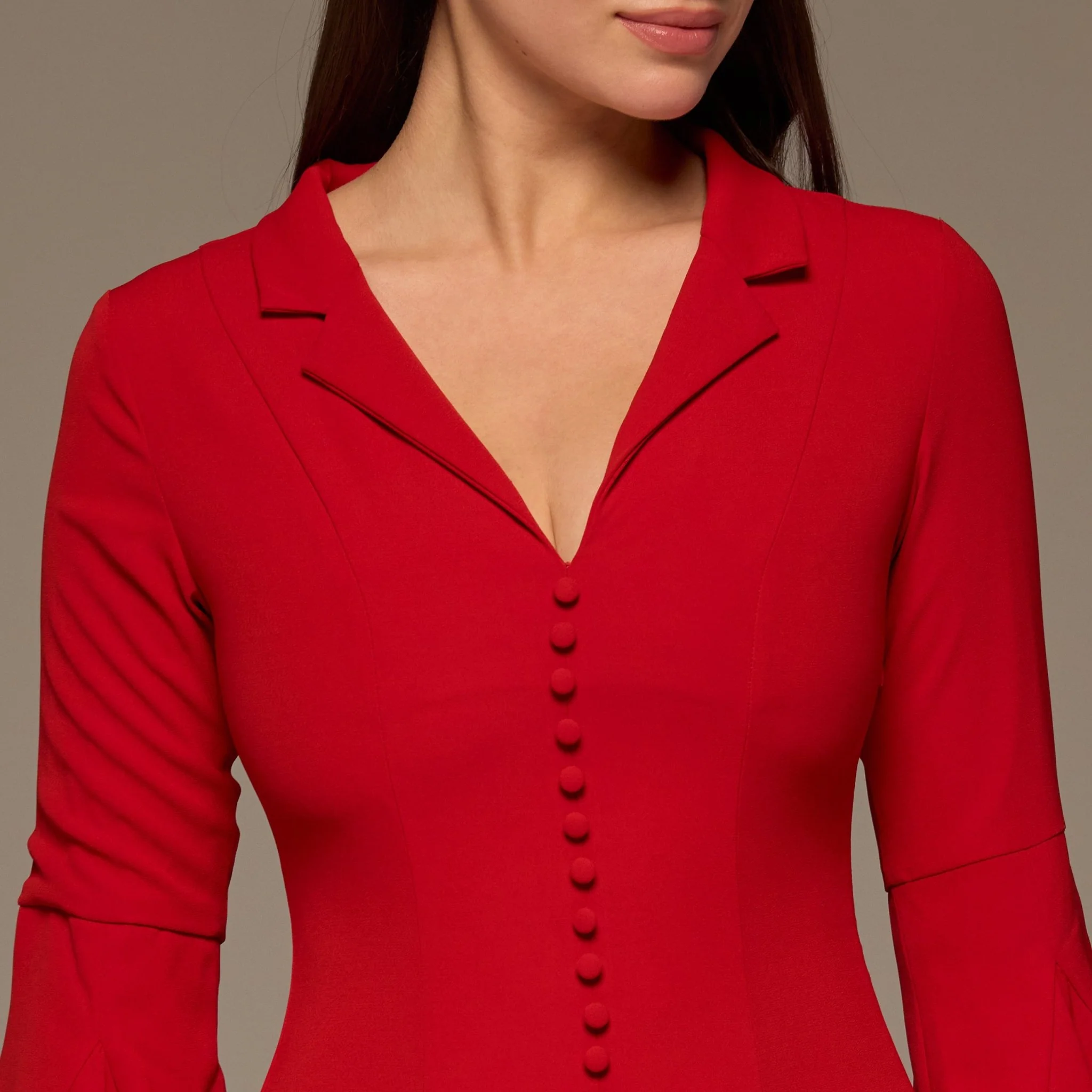 Red Lapel Neck Button-Front Crepe Dress - Image 3