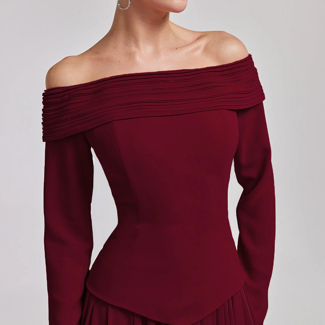 Burgundy Off-Shoulder Long-Sleeve Evening Gown - Image 2