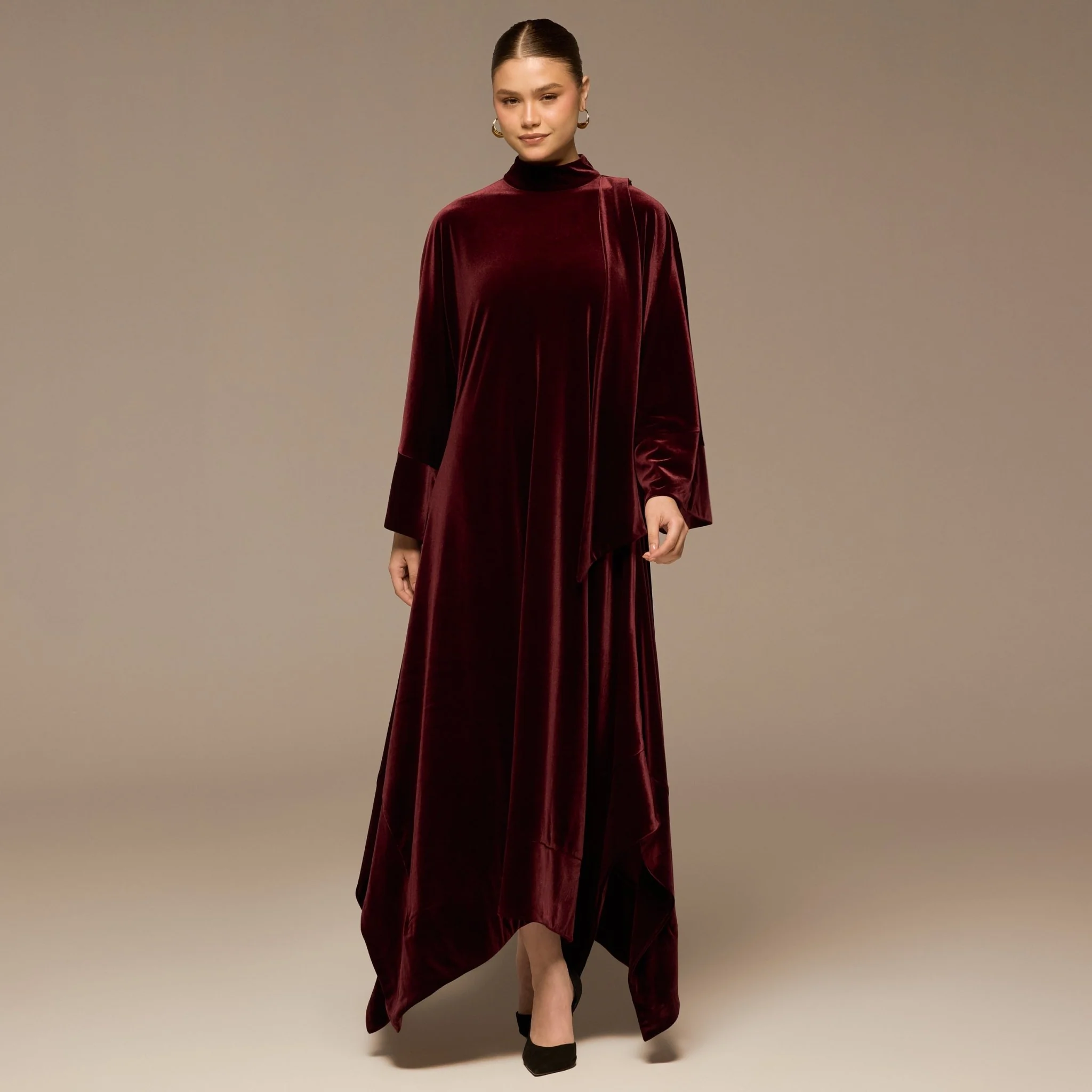 Burgundy Wide Sleeve Velvet Dress with Scarf