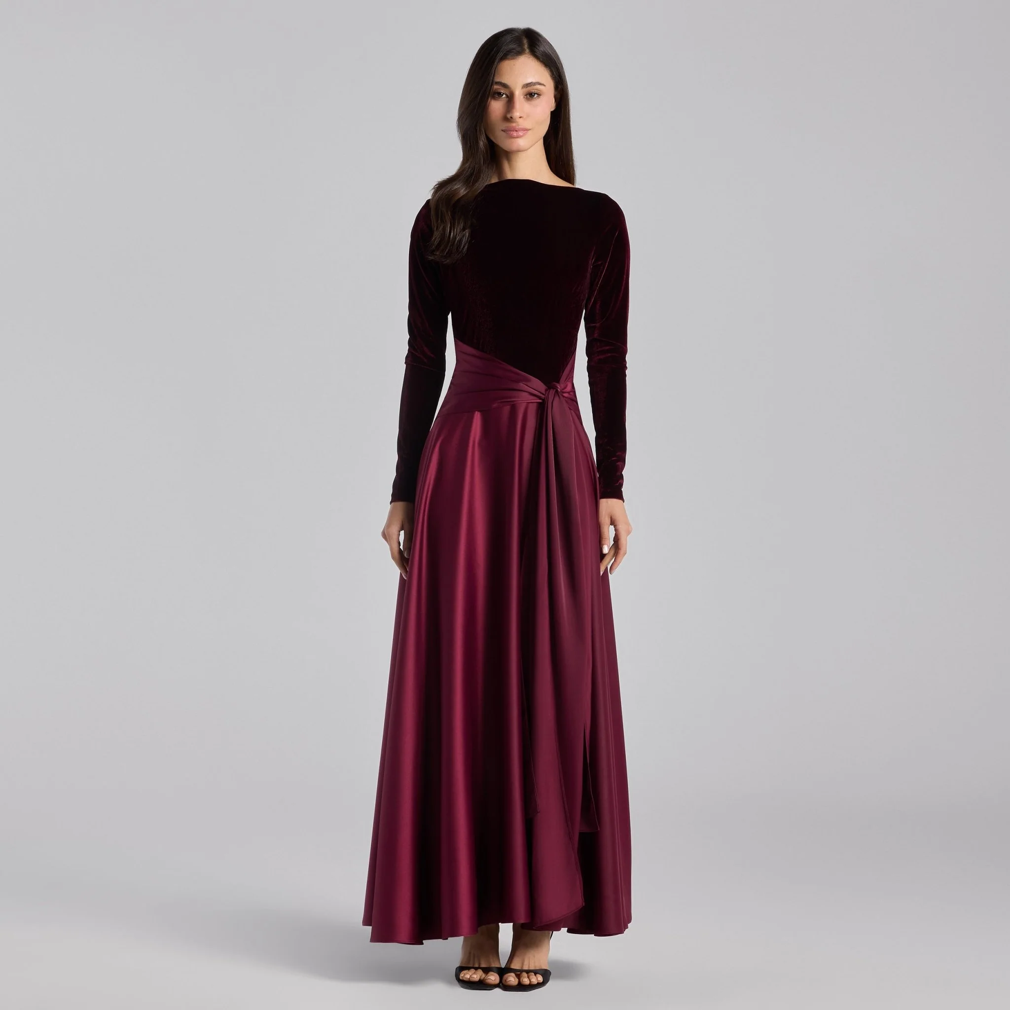 Burgundy Velvet & Satin Midi Dress with Twisted Waist