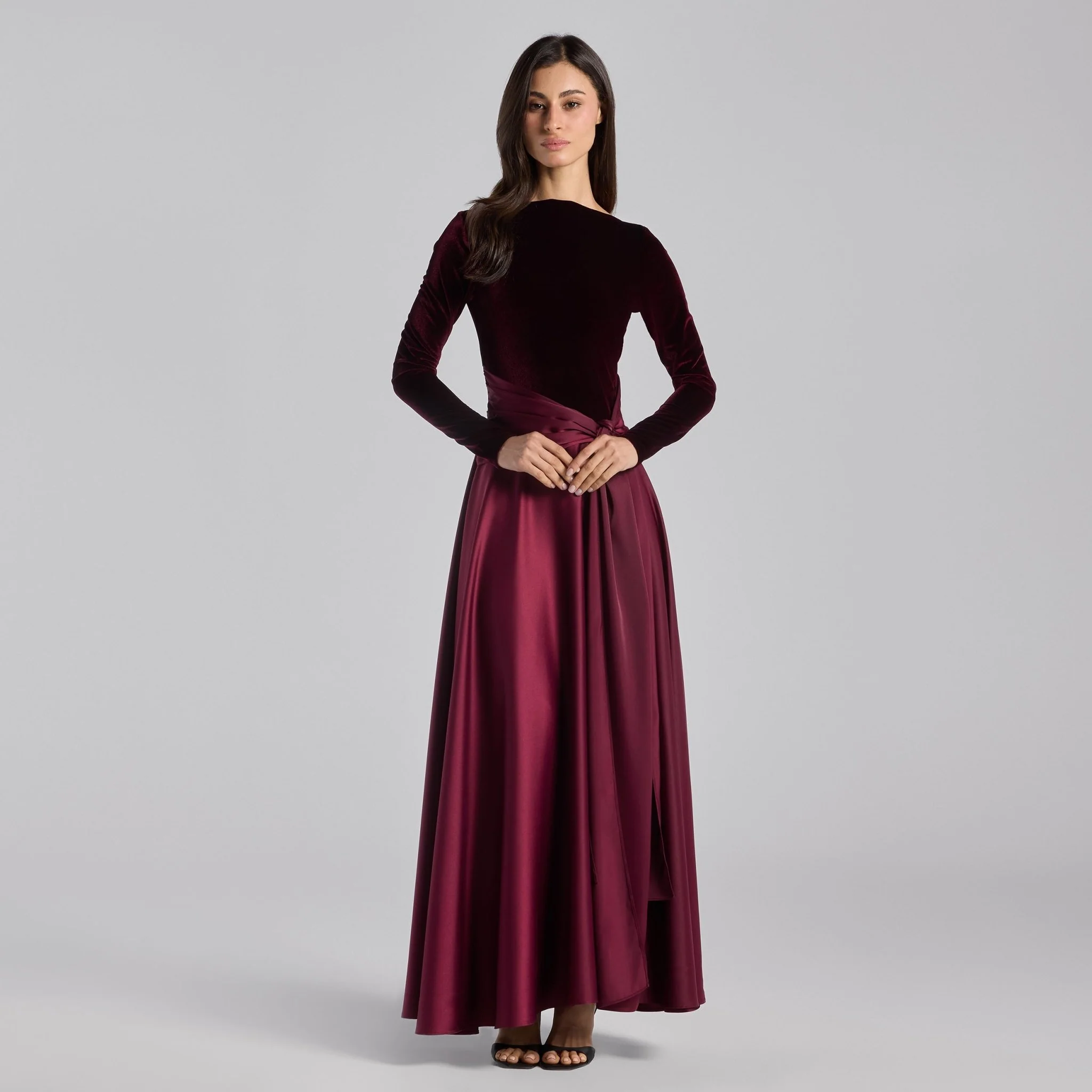Burgundy Velvet & Satin Midi Dress with Twisted Waist - Image 2