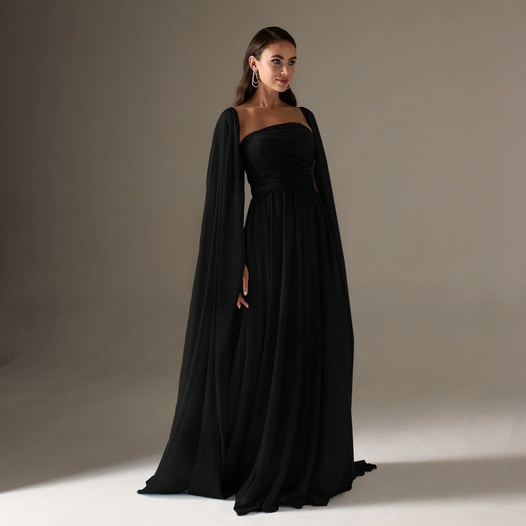Black Cape Sleeve Drapped A-line Chiffon Dress