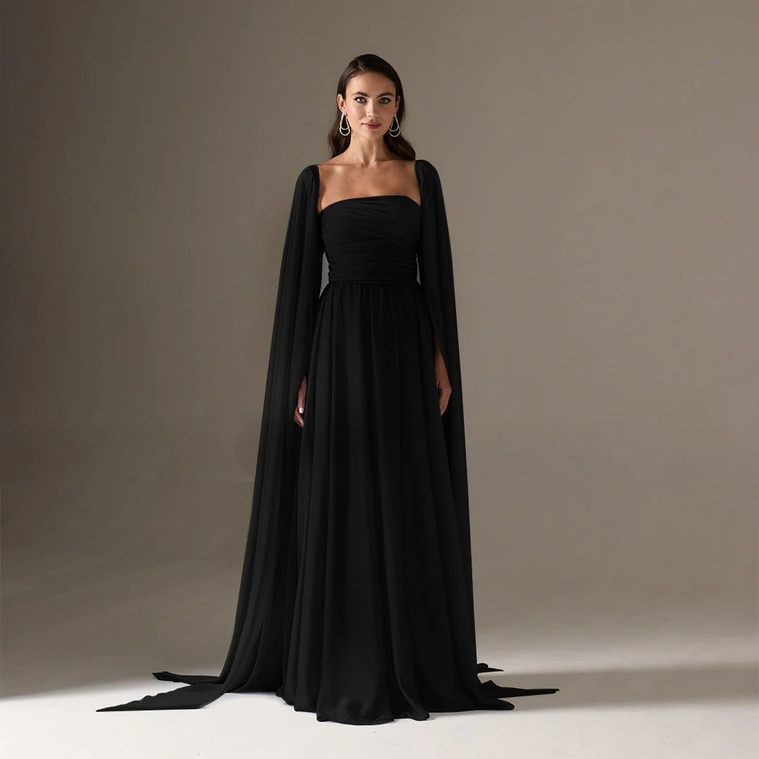 Black Cape Sleeve Drapped A-line Chiffon Dress - Image 2