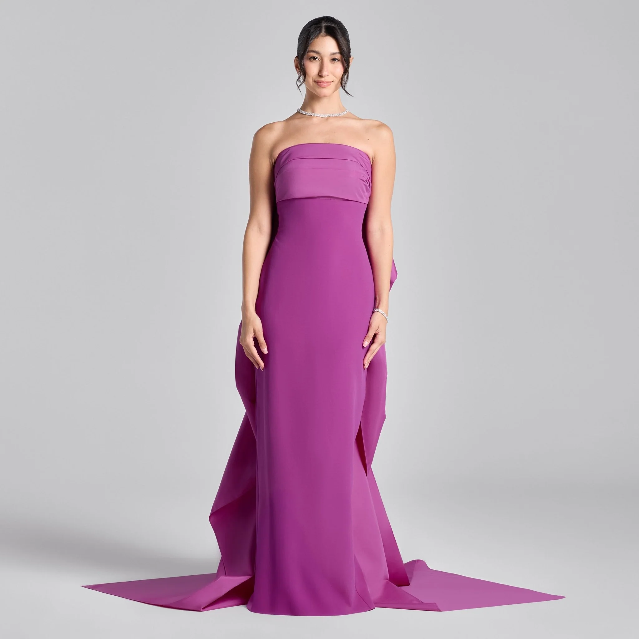Cerise Crepe and Taffeta Strapless Bow Gown