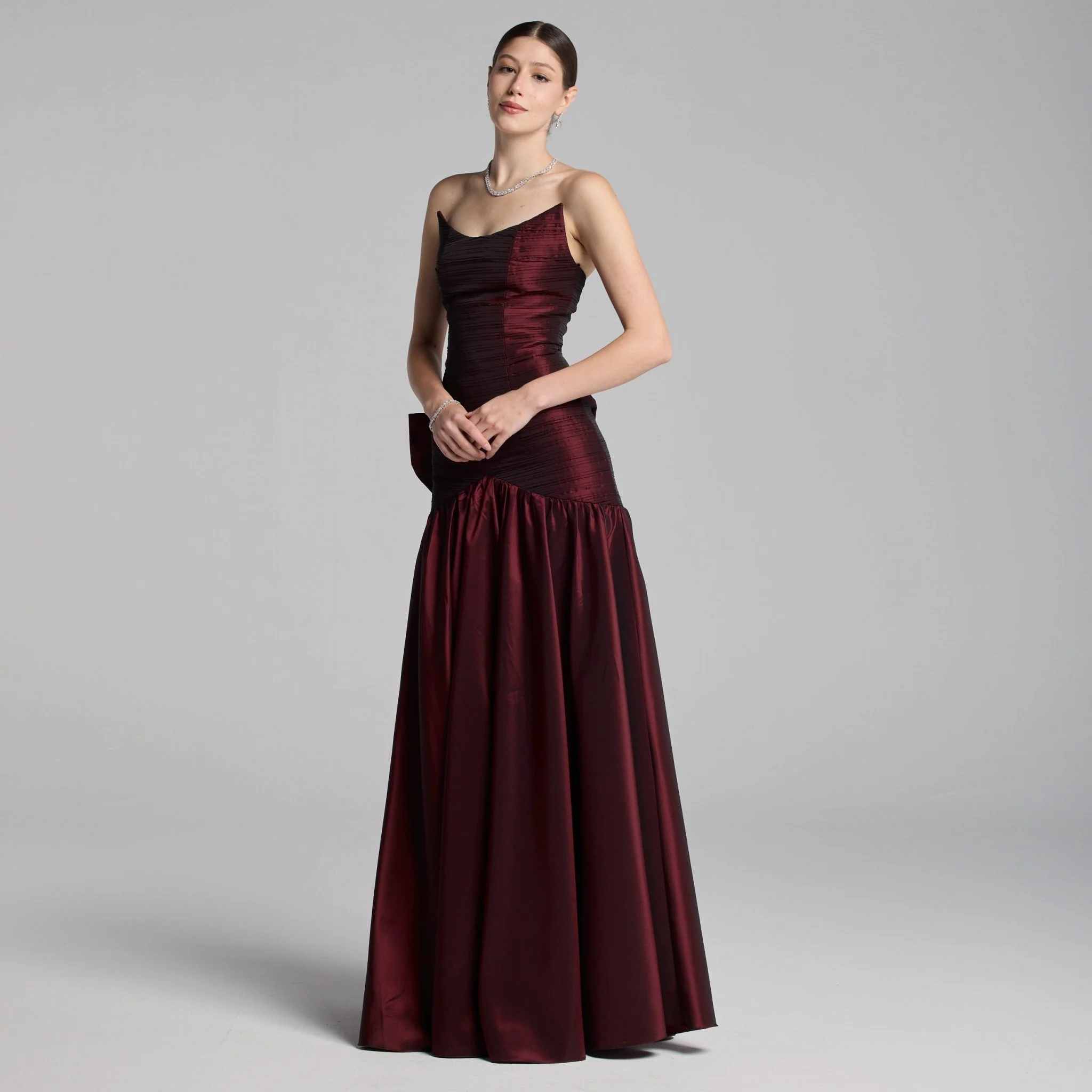 Cherry Red Strapless Ruched Taffeta Gown - Image 2